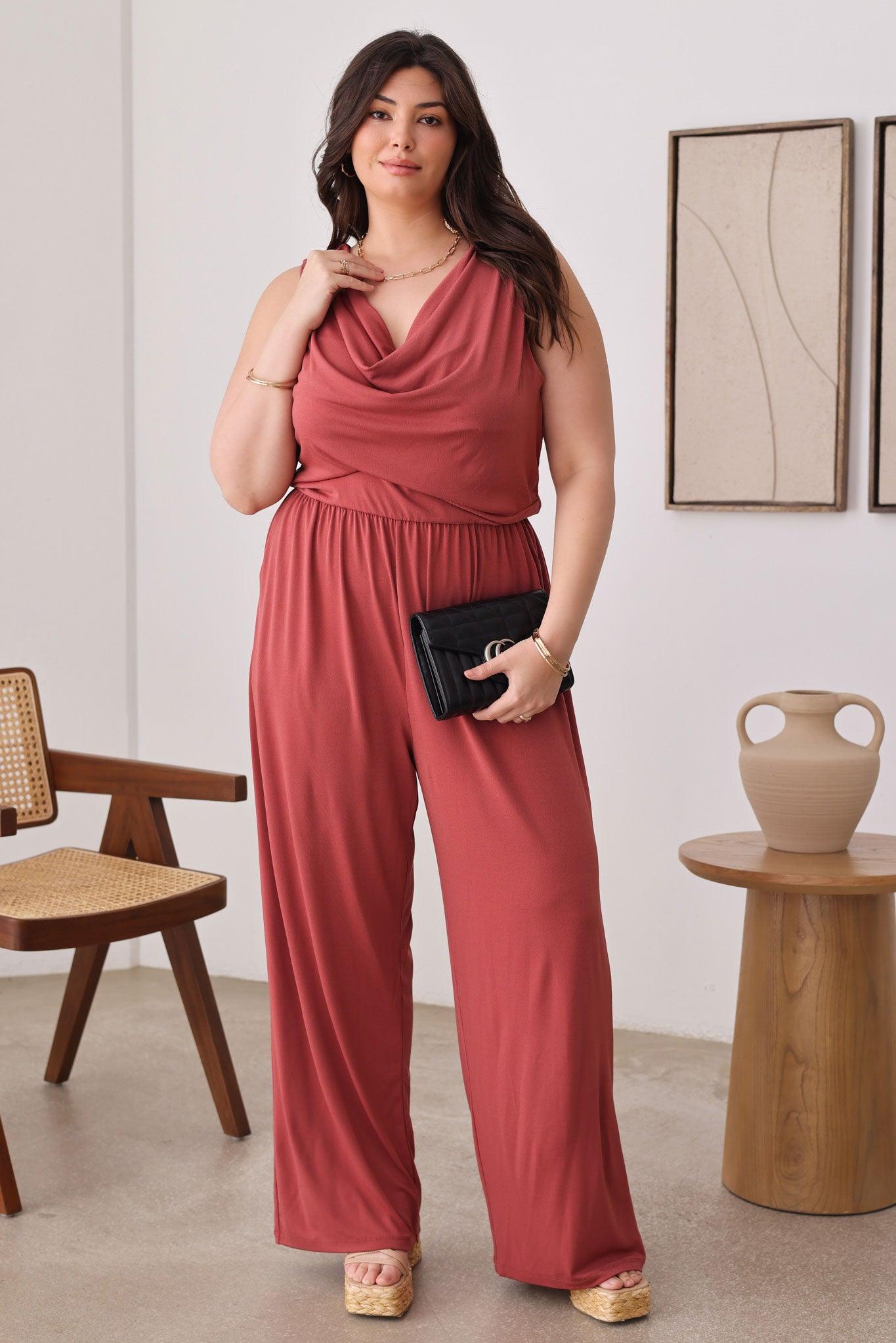 Plus Size Solid Cowl Neck Wide Long Leg Jumpsuits - Tasha Apparel Wholesale