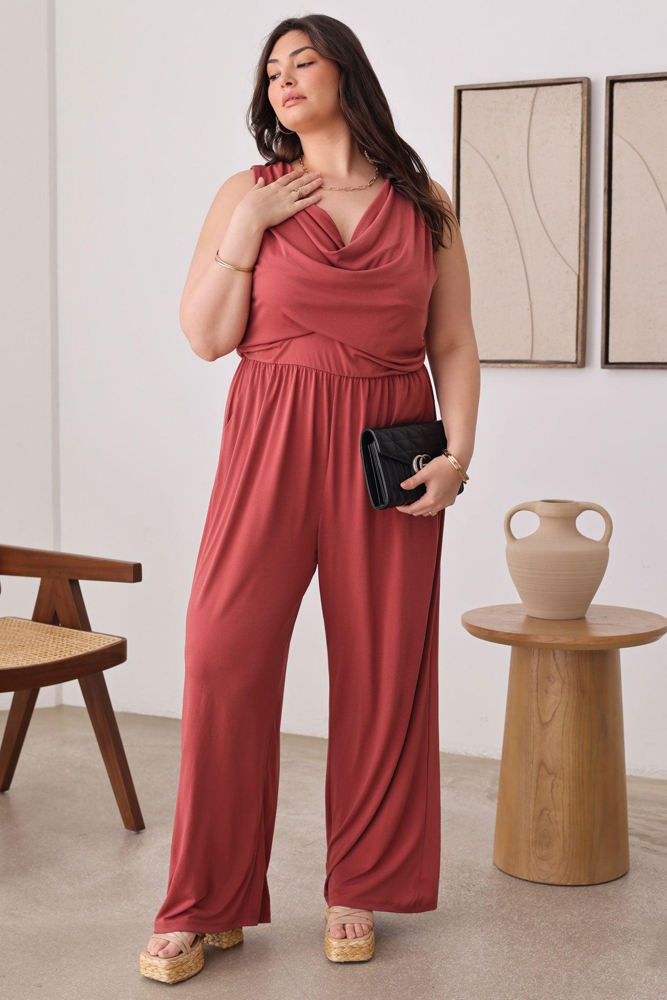 Plus Size Solid Cowl Neck Wide Long Leg Jumpsuits - Tasha Apparel Wholesale