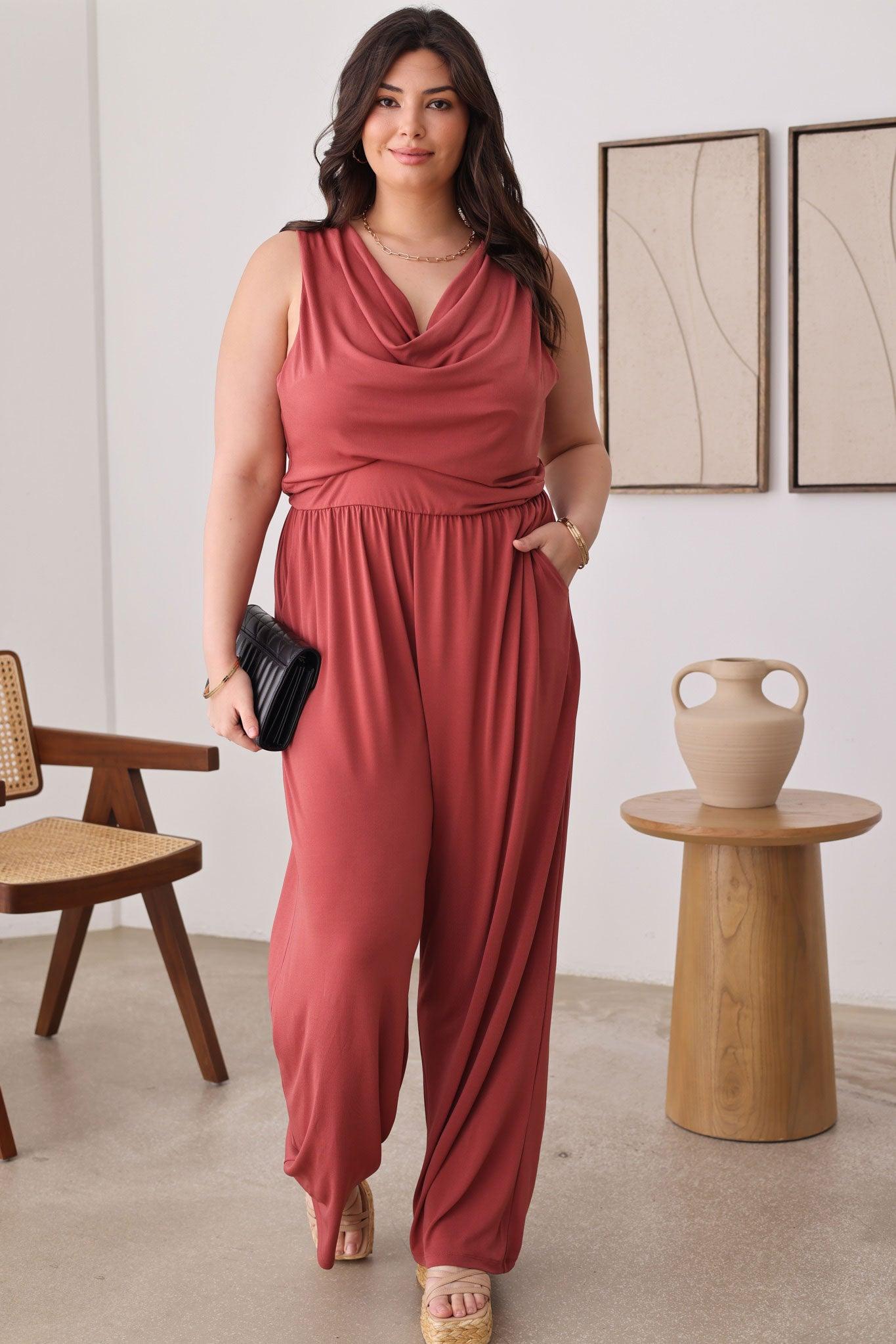 Plus Size Solid Cowl Neck Wide Long Leg Jumpsuits - Tasha Apparel Wholesale