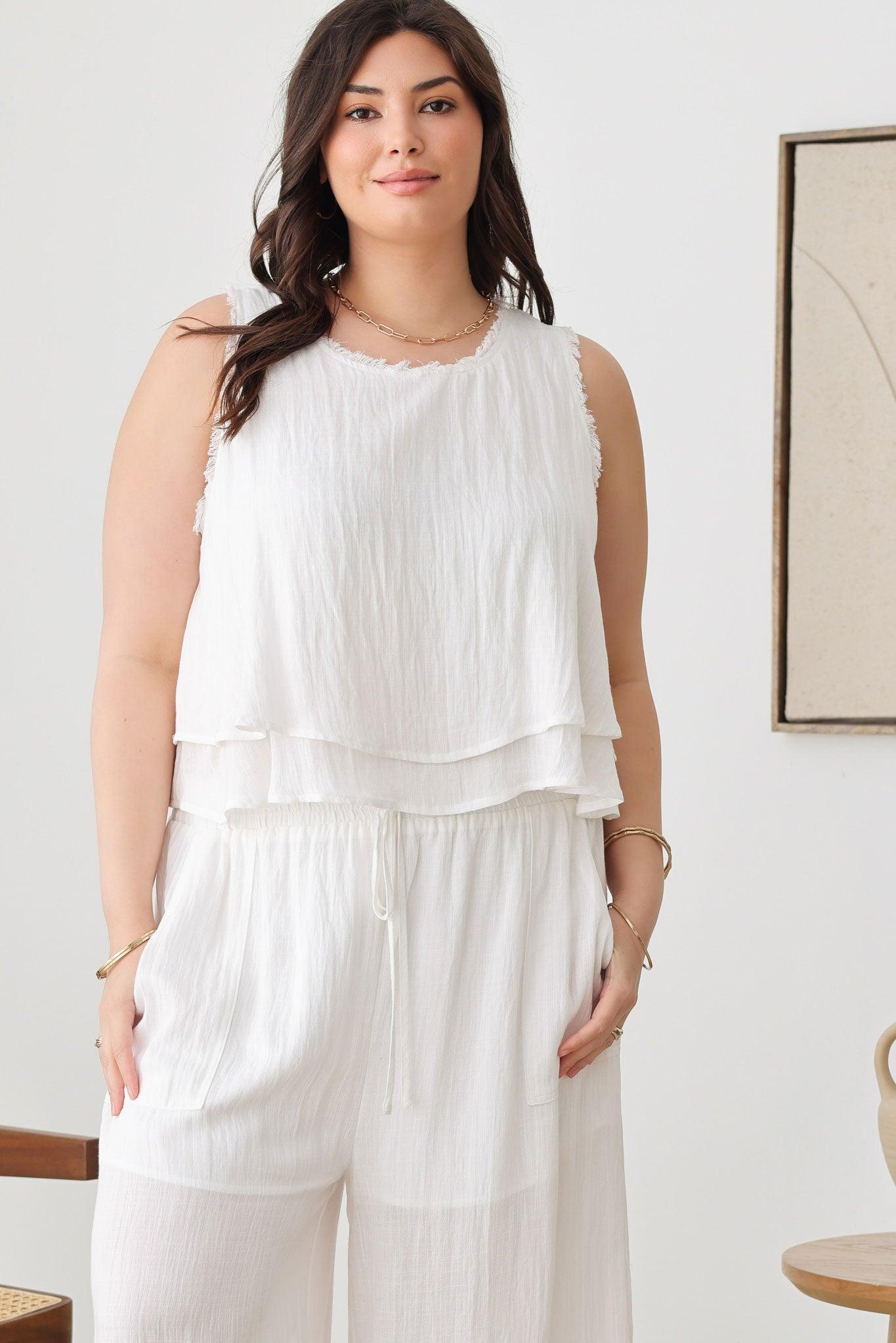 Plus Size Sleeveless Frayed Silhouette Frayed Neckline Top & Long Front Tie Frayed Hem Pants Set - Tasha Apparel Wholesale