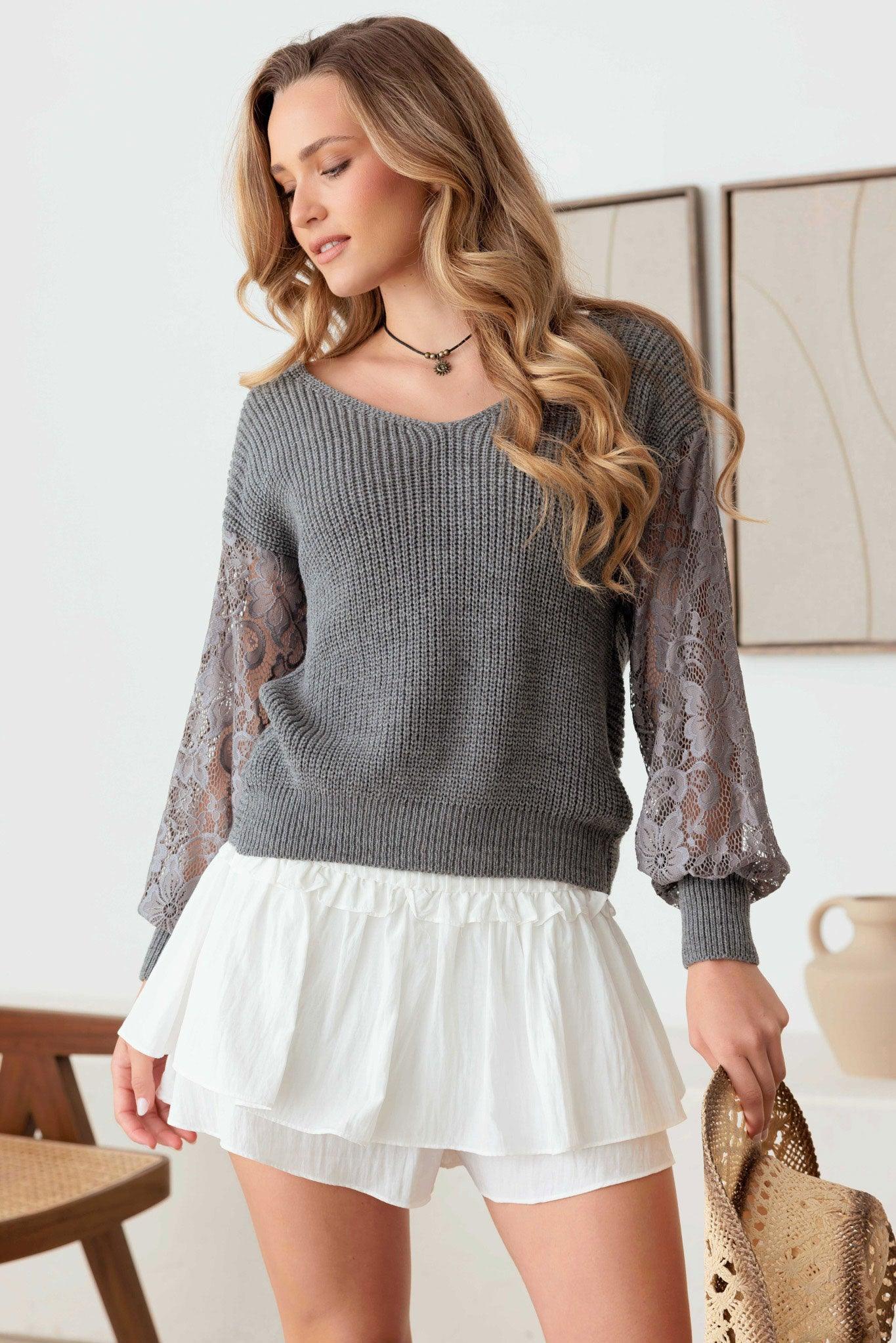 Lace Panel Drop Shoulder Back Knot Sweater - Tasha Apparel Wholesale