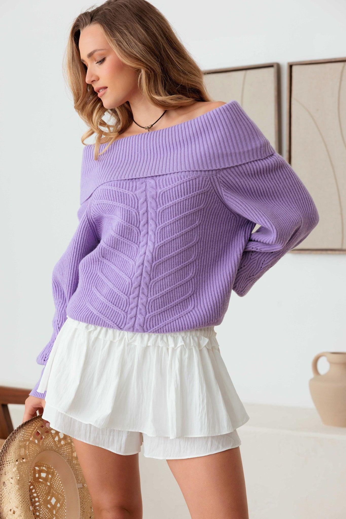 Cable Pattern Off Shoulder Long Sleeve Sweater - Tasha Apparel Wholesale