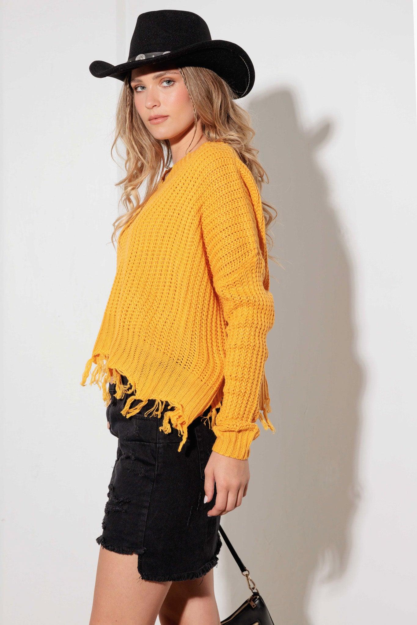 V Neck Long Sleeve with Destroyed Hem Sweater - Tasha Apparel Wholesale