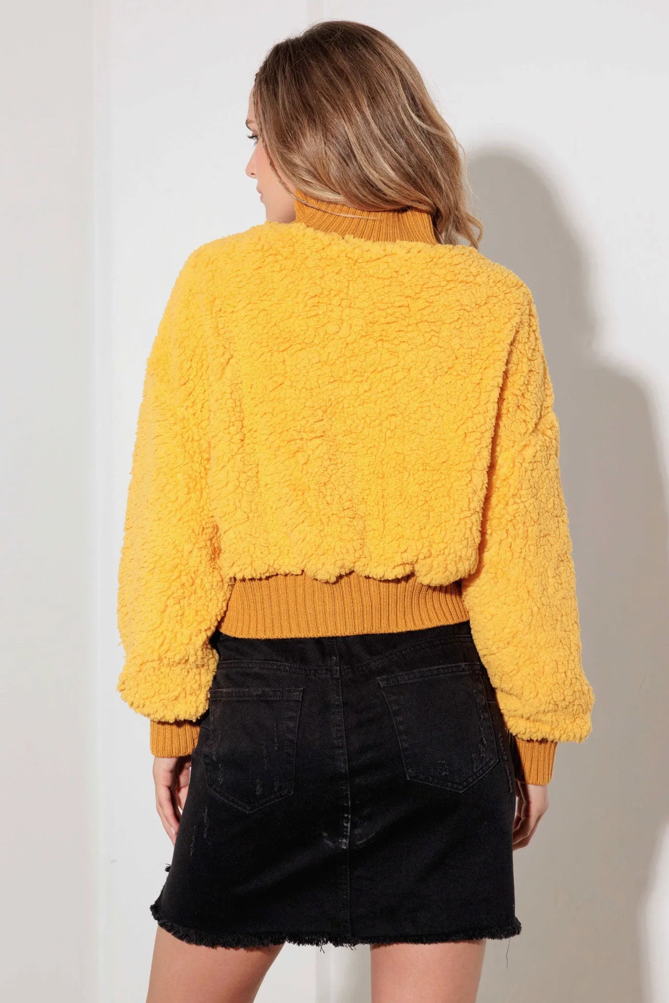 Fuzzy Ribbed Mock Neck Teddy Crop Sweater