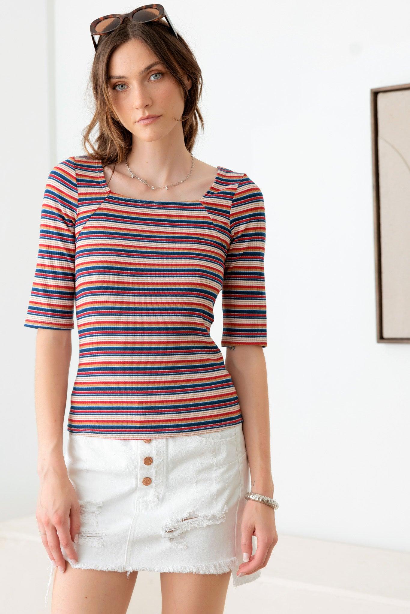 Multi Color Striped Square Neckline Rib Knit Top - Tasha Apparel Wholesale