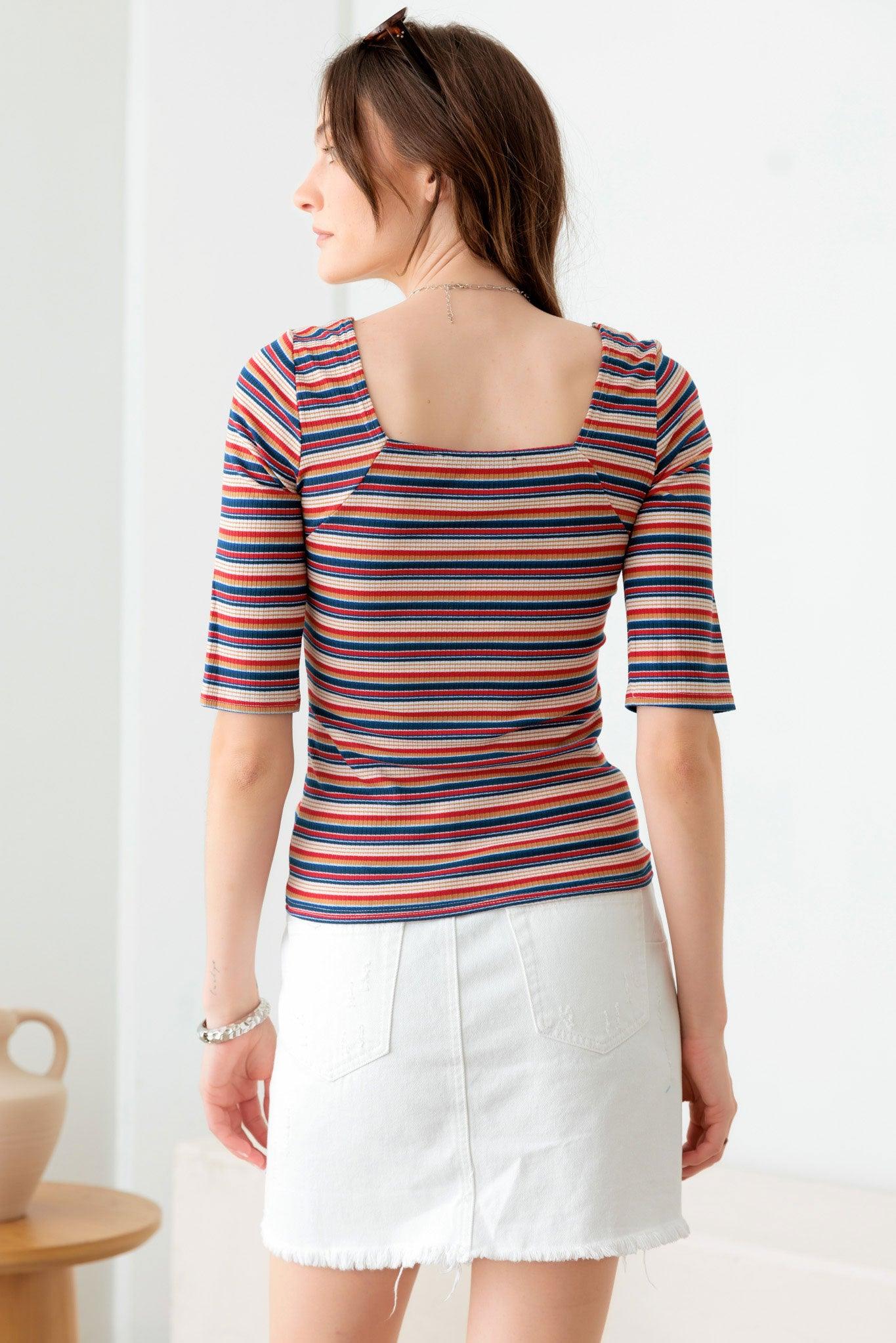 Multi Color Striped Square Neckline Rib Knit Top - Tasha Apparel Wholesale