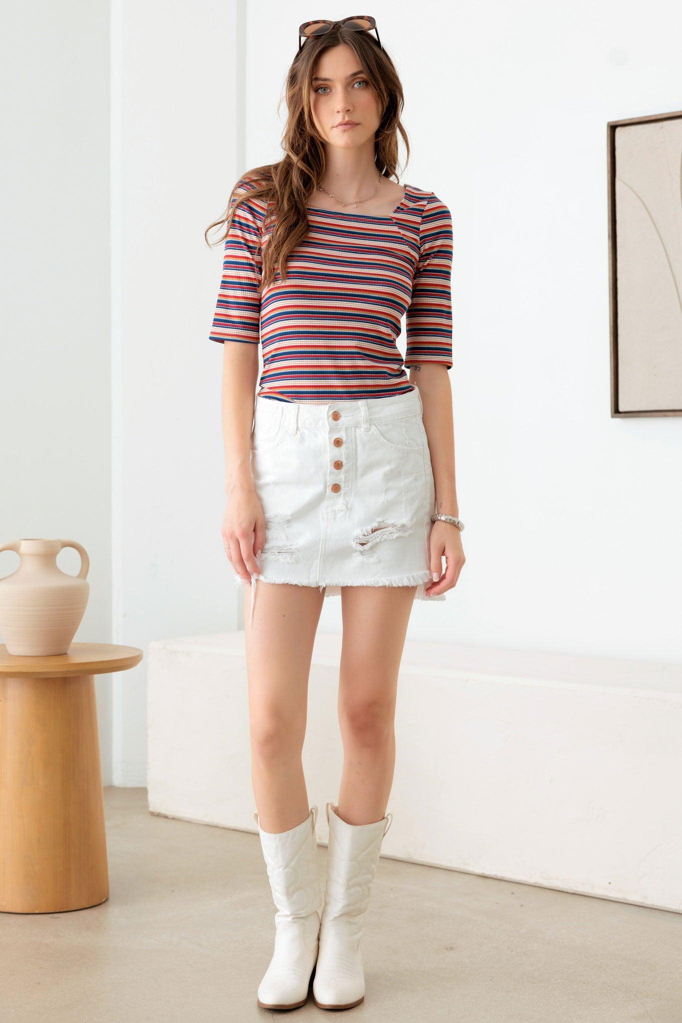 Multi Color Striped Square Neckline Rib Knit Top - Tasha Apparel Wholesale