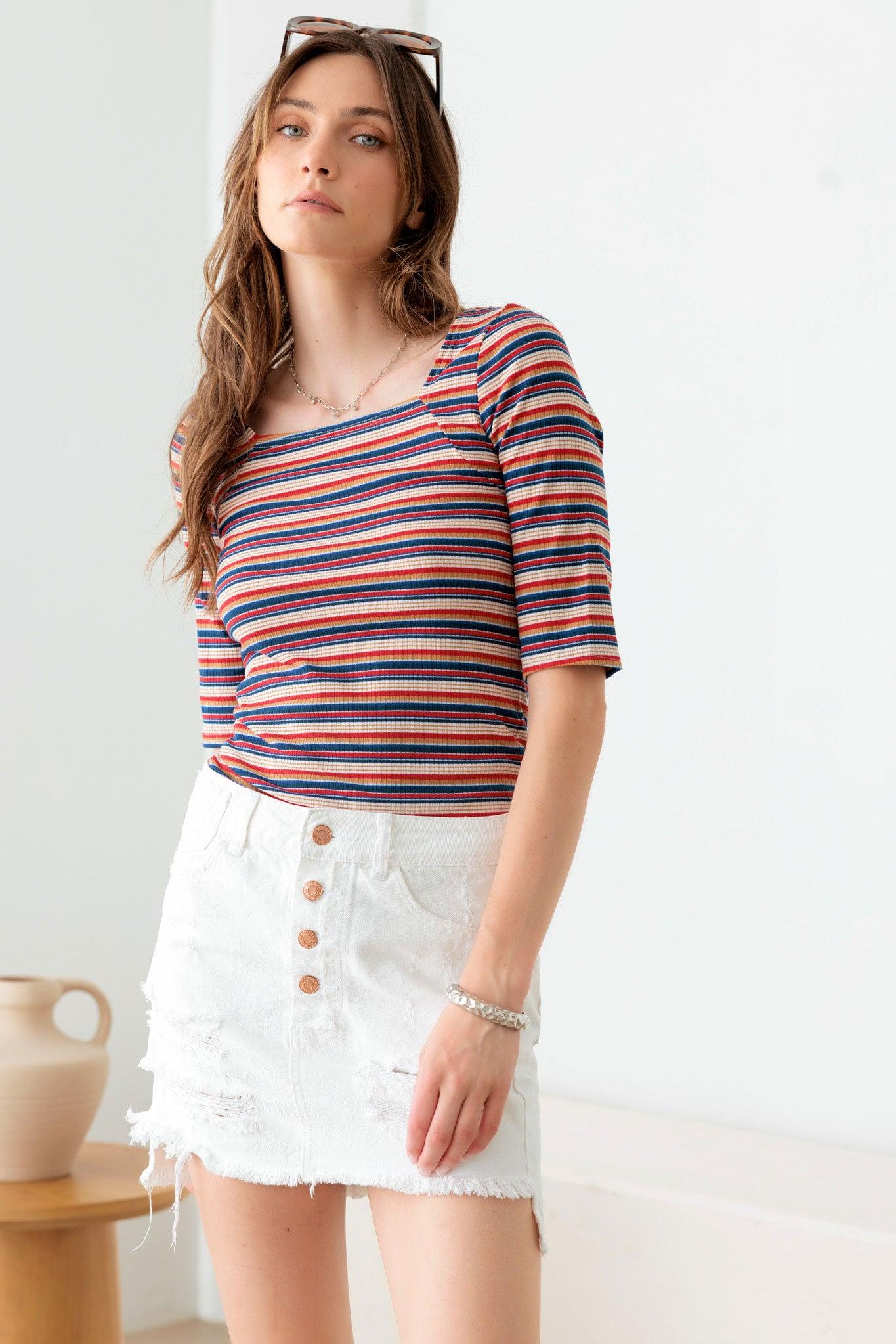 Multi Color Striped Square Neckline Rib Knit Top - Tasha Apparel Wholesale