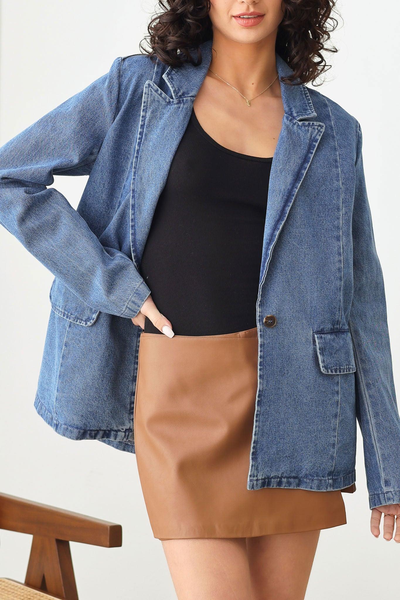 Oversize Long Sleeve Front Pocket Denim Blazer Jacket - Tasha Apparel Wholesale