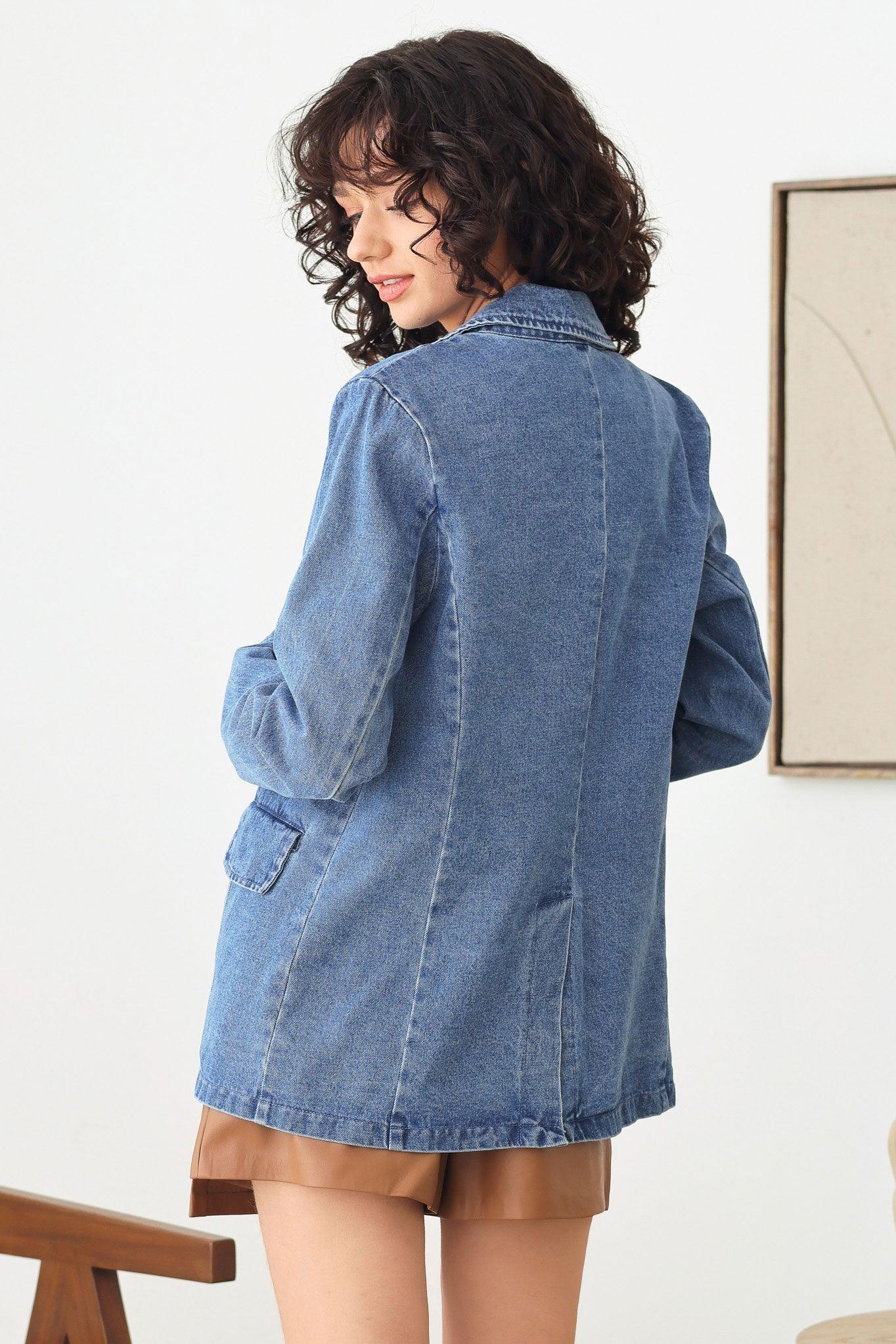 Oversize Long Sleeve Front Pocket Denim Blazer Jacket - Tasha Apparel Wholesale