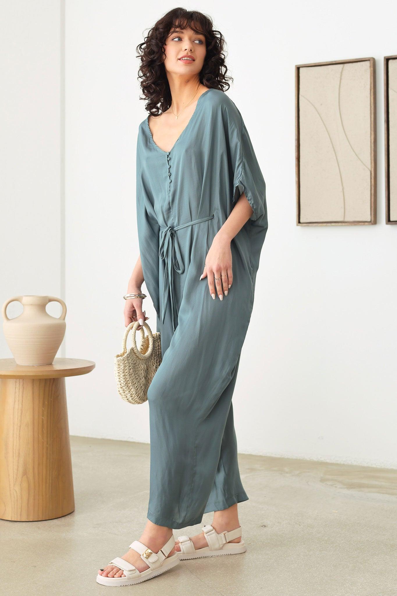 Silk Short Sleeve V-Neck Button Up Draped Jumpsuit - Tasha Apparel Wholesale