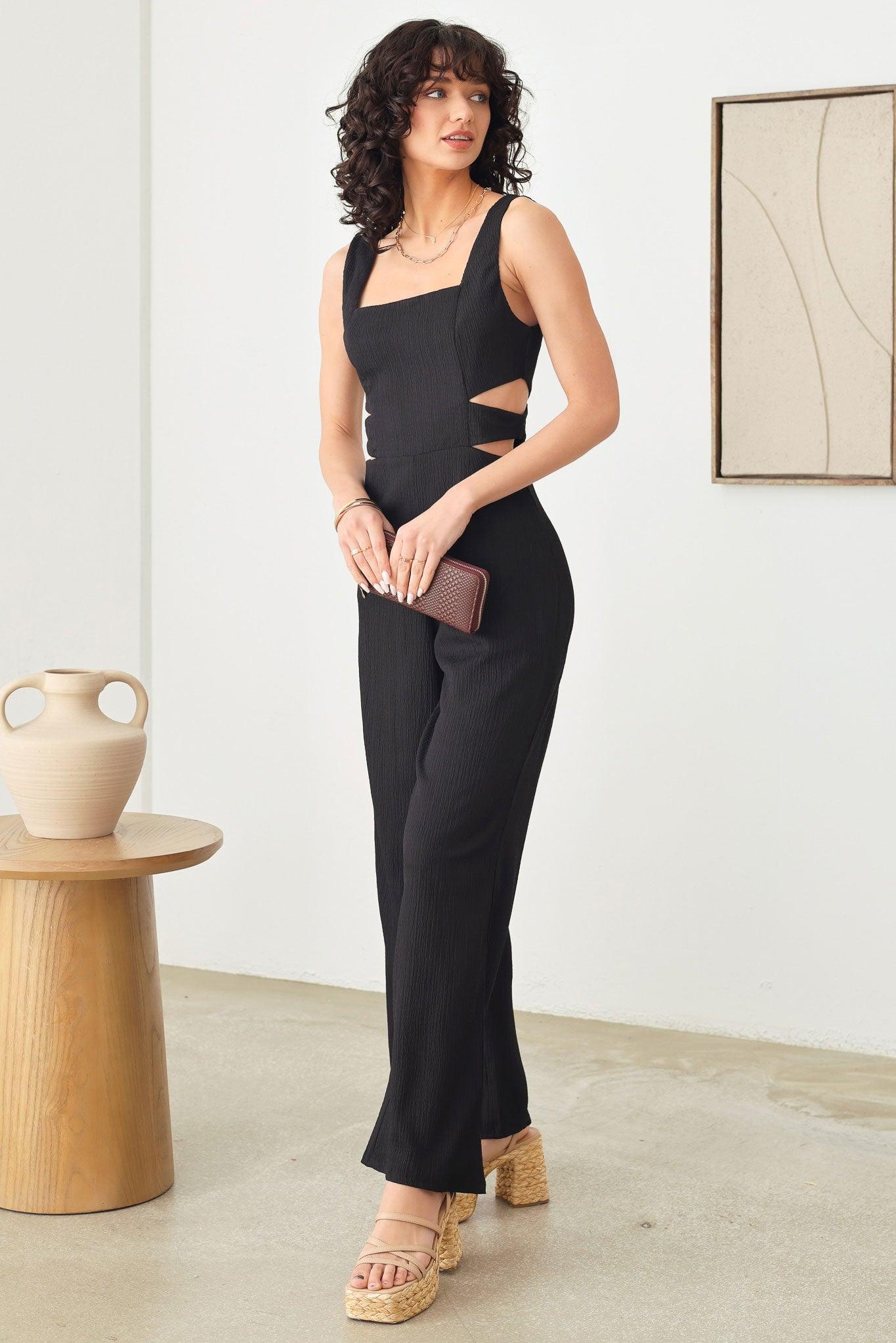 Cut-Out Side Sleeveless Wide Pants Elegant Jumpsuit - Tasha Apparel Wholesale