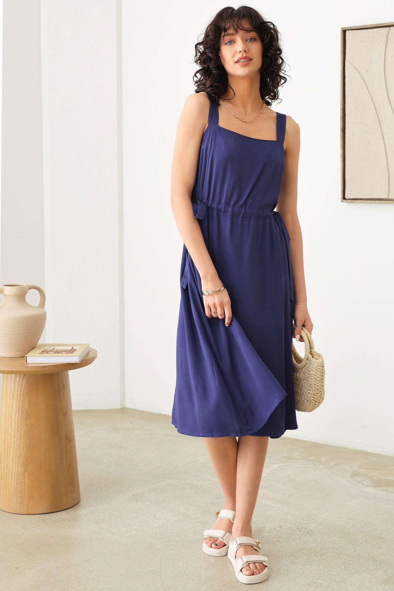 Sleeveless Tied Side Button Shoulder Strap Midi Dress - Tasha Apparel Wholesale