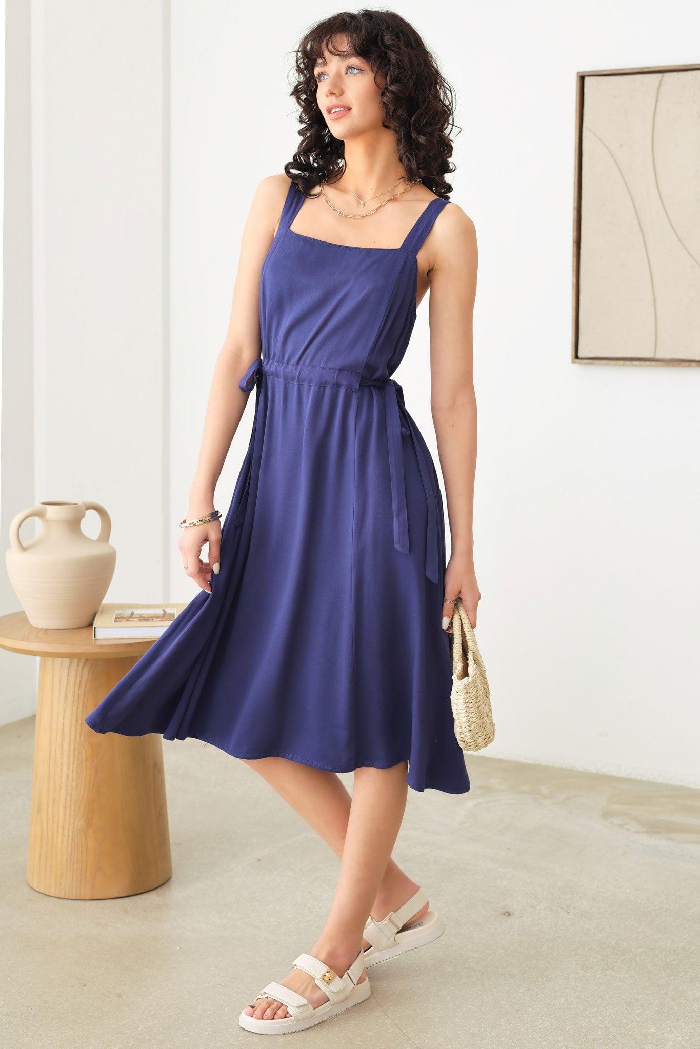 Sleeveless Tied Side Button Shoulder Strap Midi Dress - Tasha Apparel Wholesale