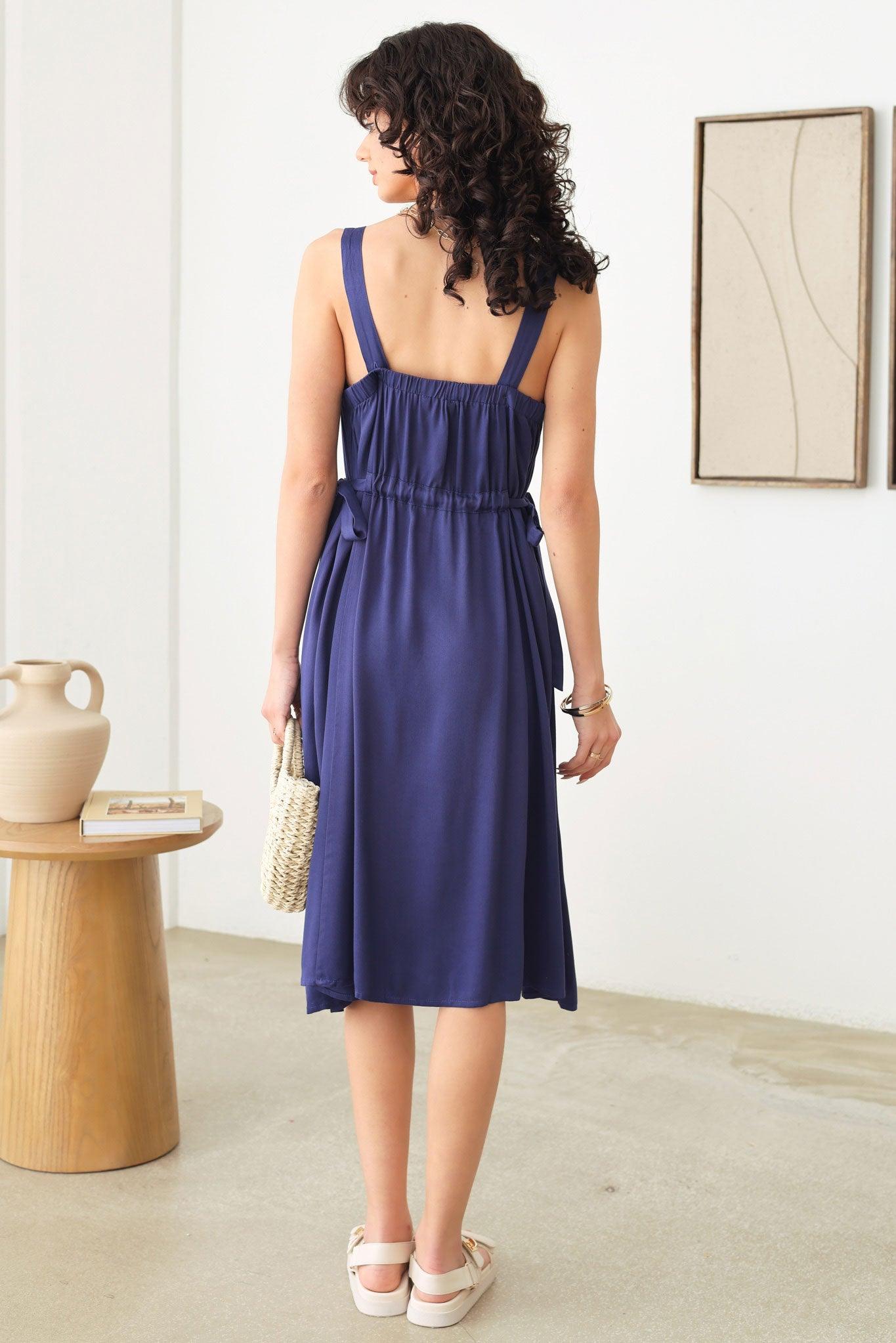 Sleeveless Tied Side Button Shoulder Strap Midi Dress - Tasha Apparel Wholesale