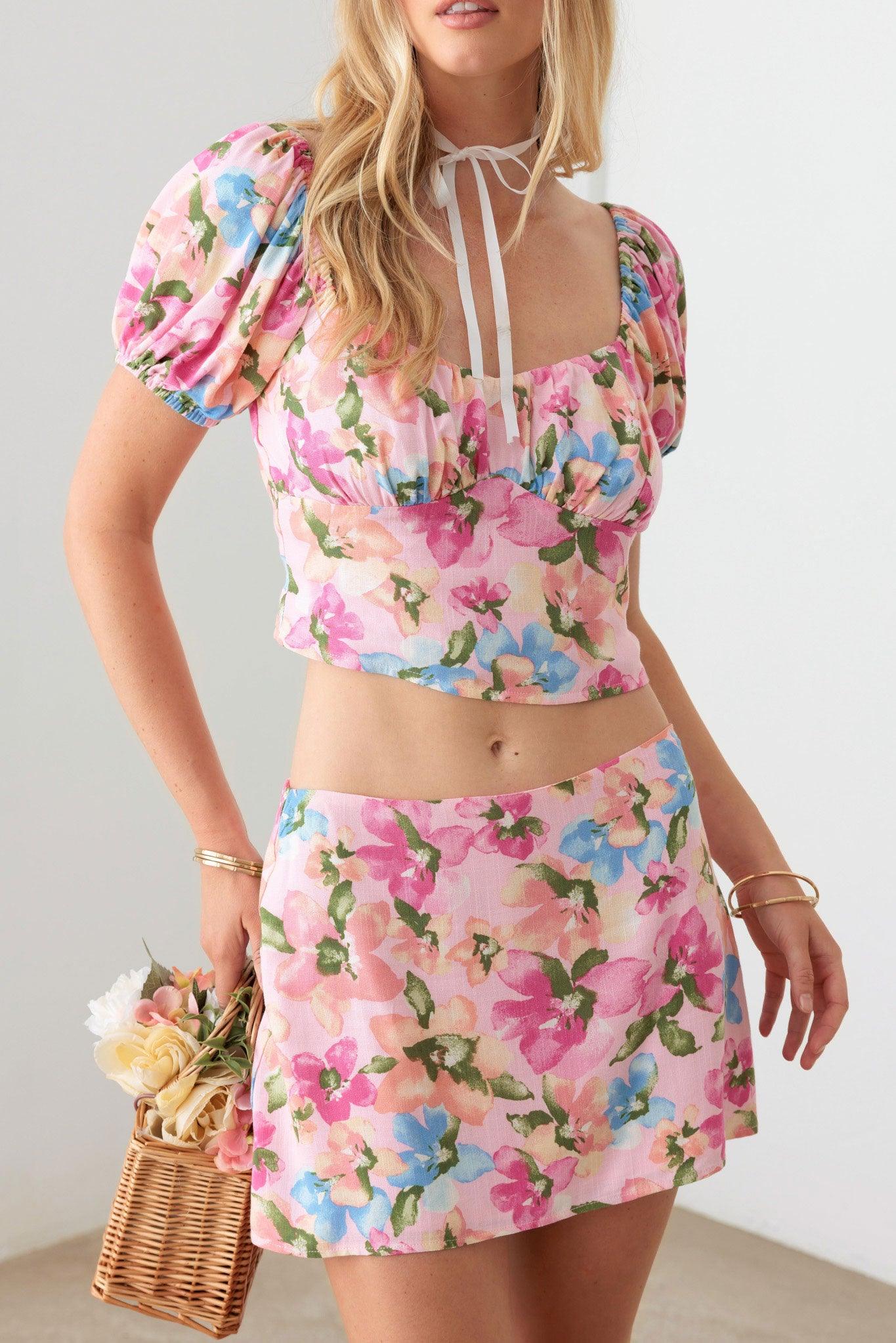 Floral Bustier Puff Sleeve Crop Top & Mini Skirt Set - Tasha Apparel Wholesale