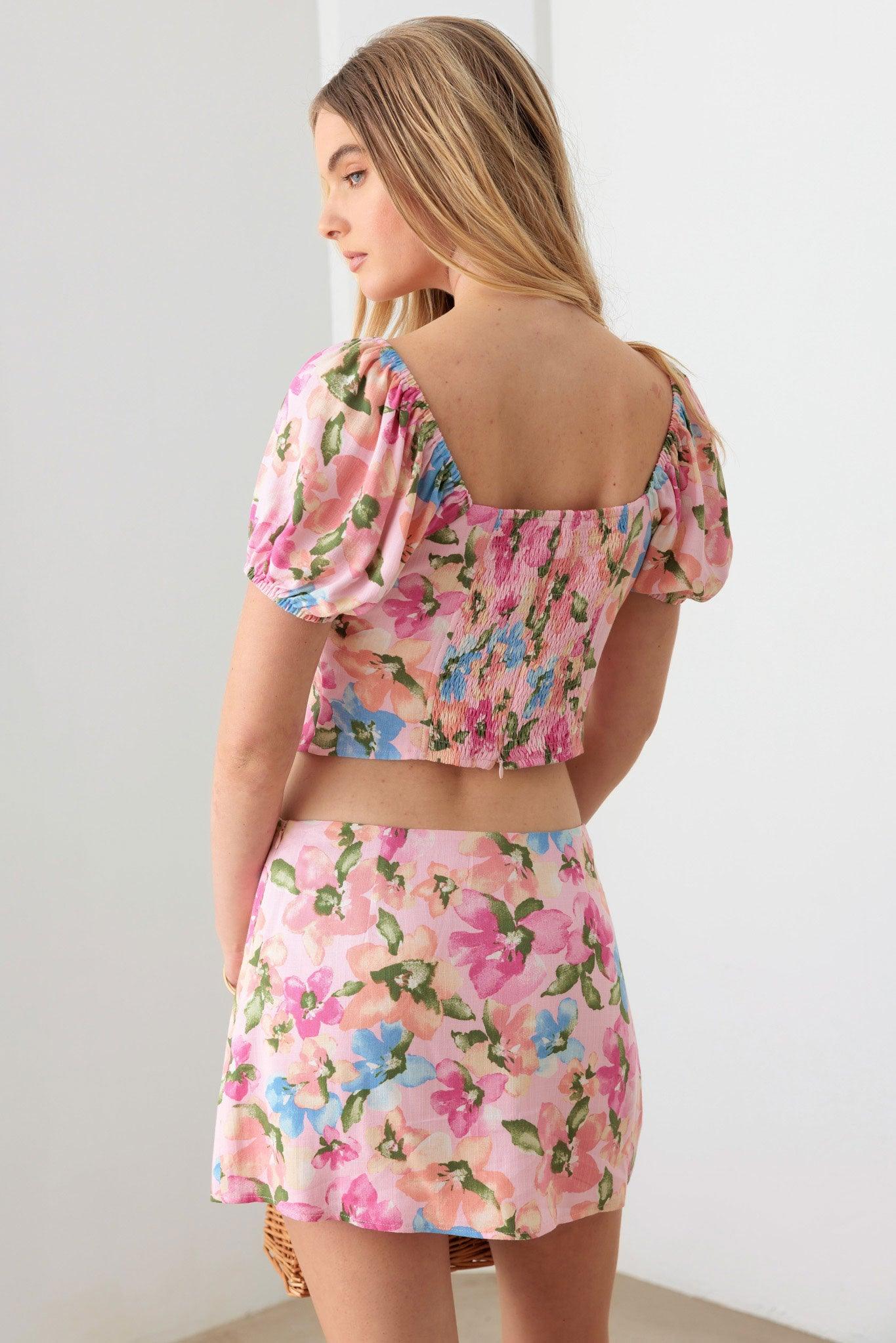 Floral Bustier Puff Sleeve Crop Top & Mini Skirt Set - Tasha Apparel Wholesale