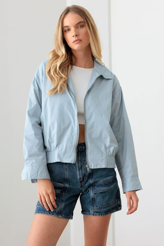 Baby Blue Zip Up Collared Boxy Jacket - Tasha Apparel Wholesale