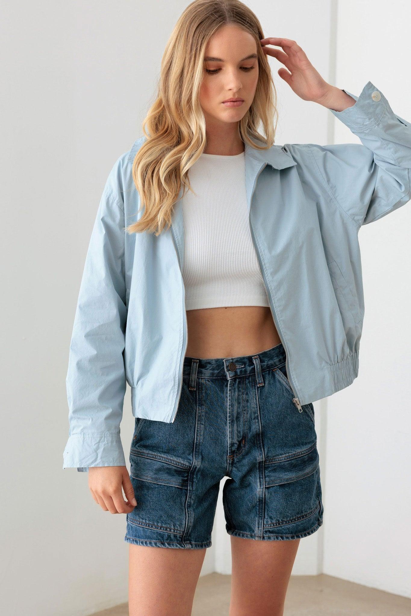 Baby Blue Zip Up Collared Boxy Jacket - Tasha Apparel Wholesale