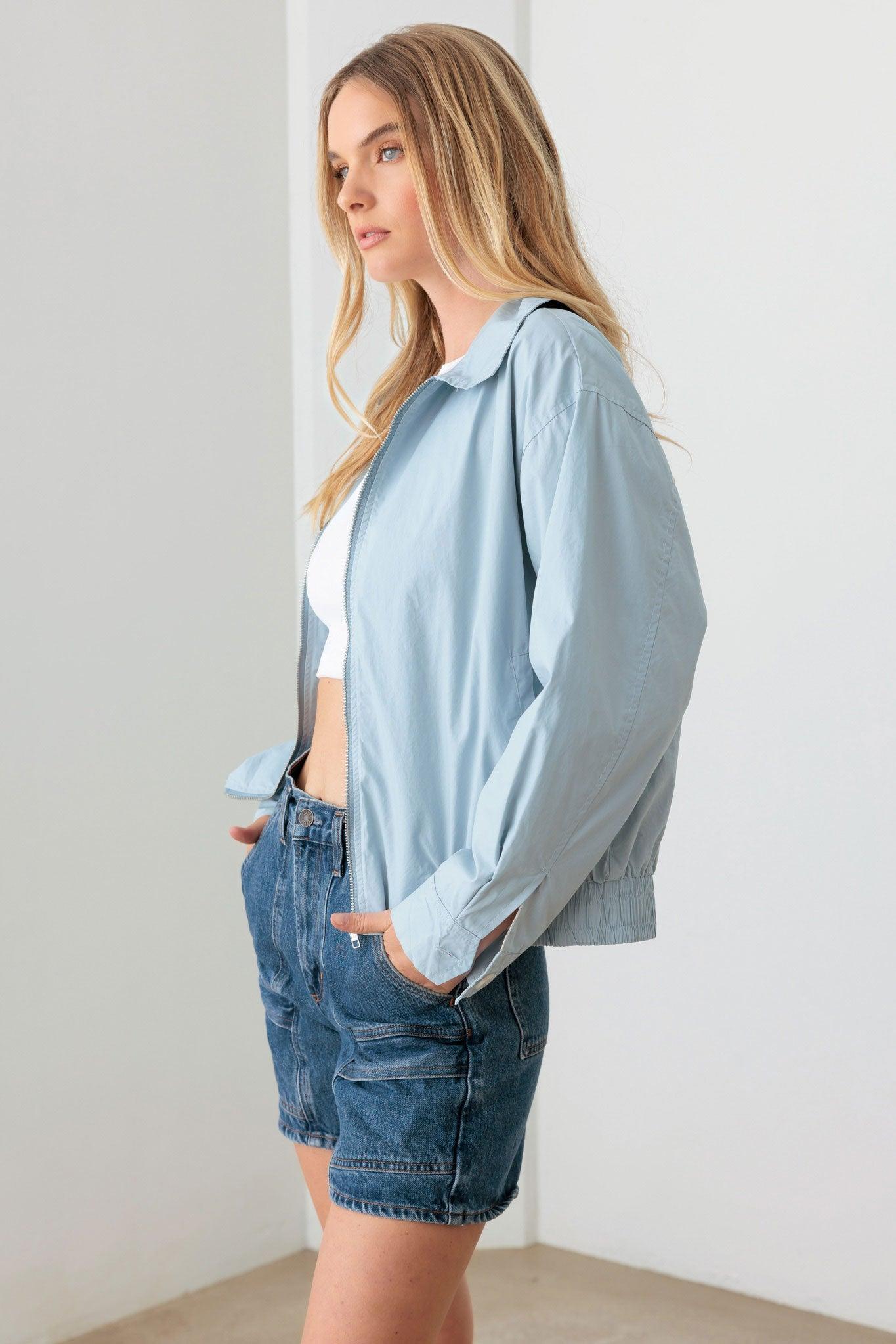 Baby Blue Zip Up Collared Boxy Jacket - Tasha Apparel Wholesale