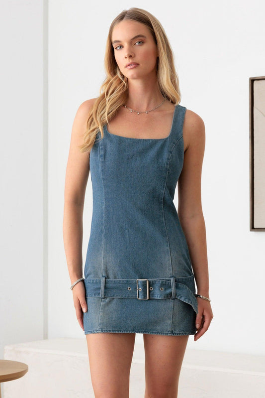 Low Slung Buckle Belt Mini Denim Dress - Tasha Apparel Wholesale