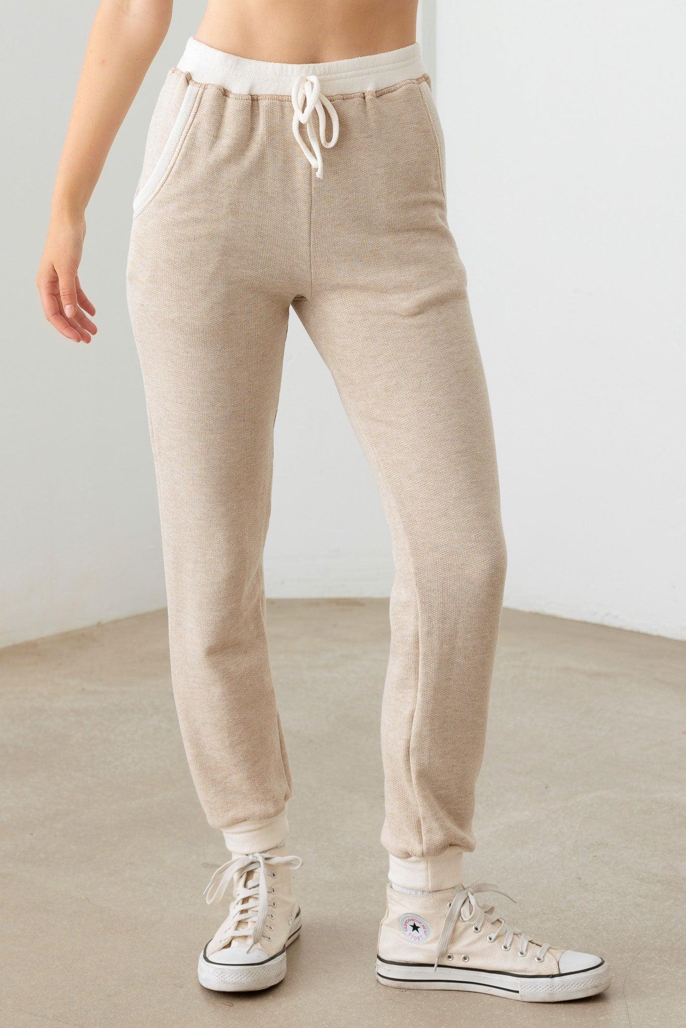 Drawstring Cream Trim Soft Jogger Pants - Tasha Apparel Wholesale