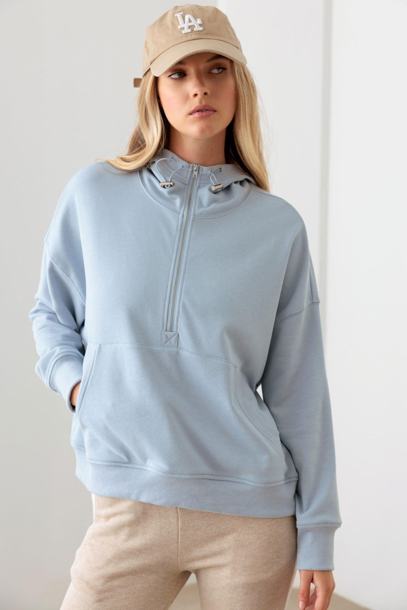 Half Zip Drawstring Mock Neck Hoodie Top - Tasha Apparel Wholesale