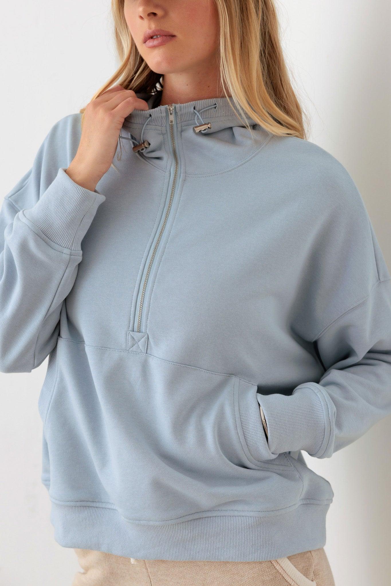 Half Zip Drawstring Mock Neck Hoodie Top - Tasha Apparel Wholesale