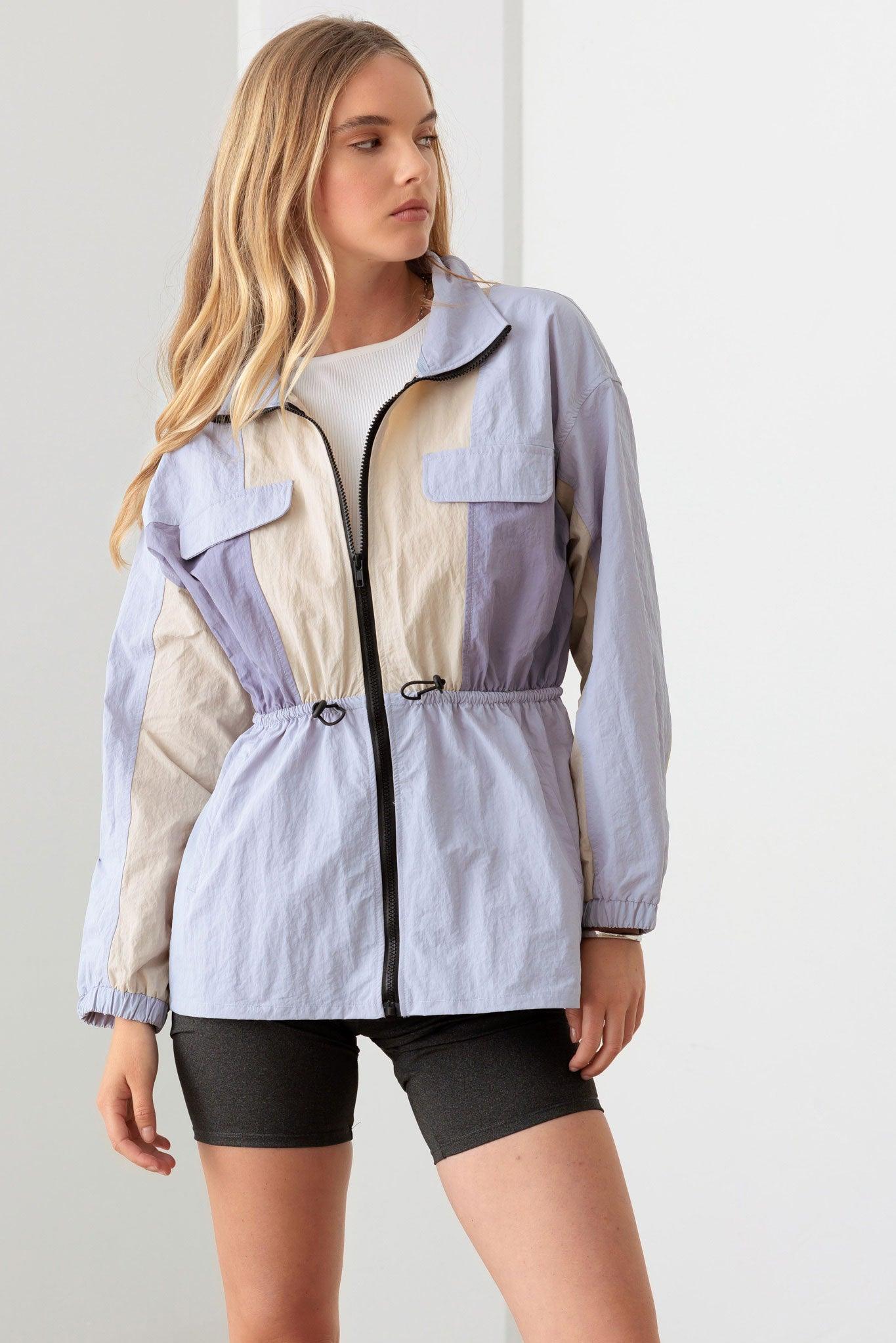 Lavender Color Block Collared Wind Breaker Jacket - Tasha Apparel Wholesale