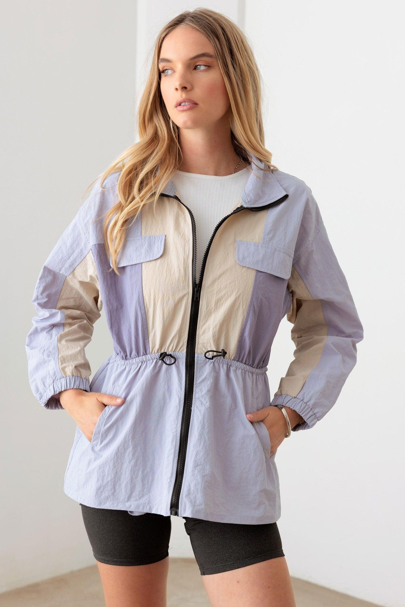 Lavender Color Block Collared Wind Breaker Jacket - Tasha Apparel Wholesale