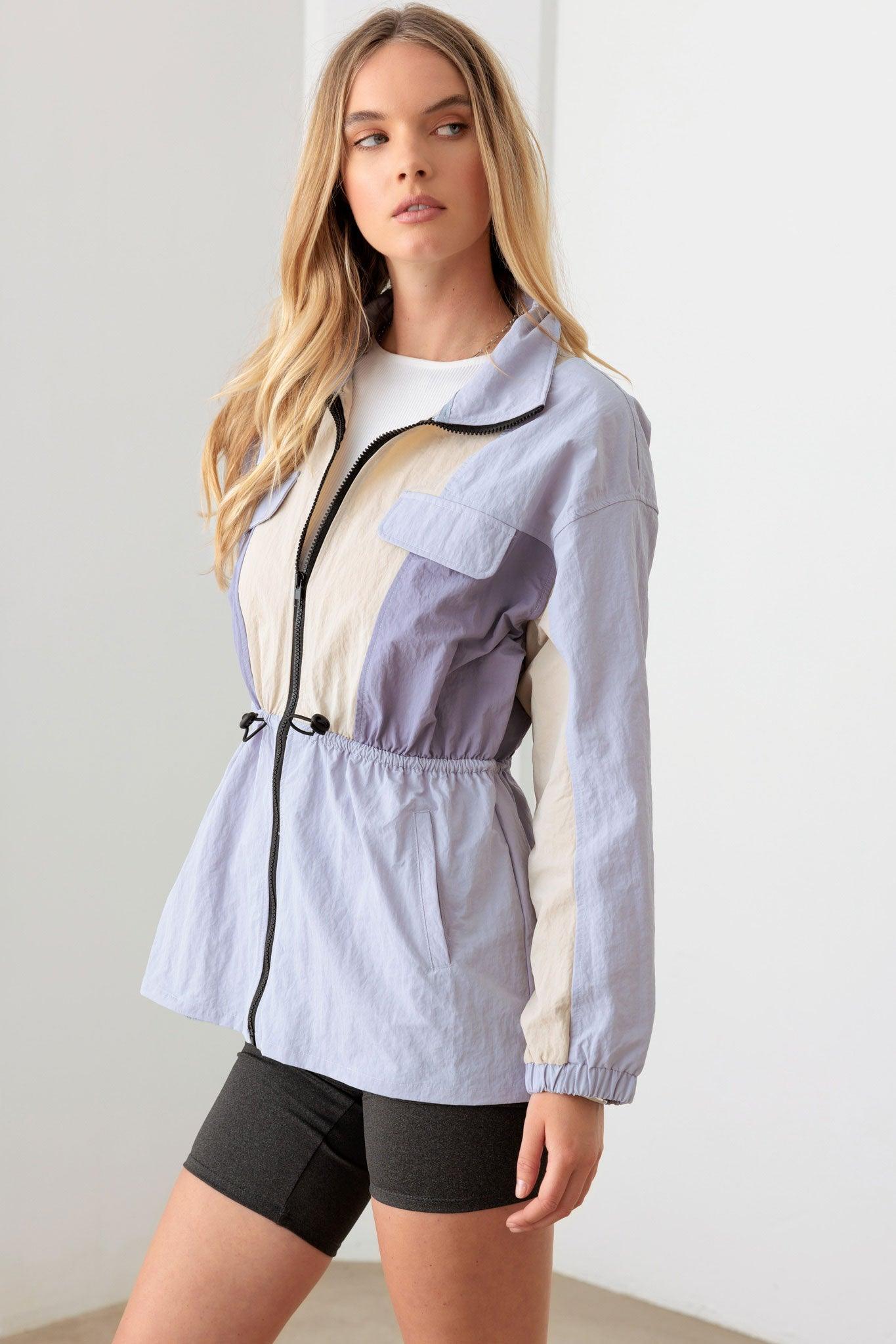 Lavender Color Block Collared Wind Breaker Jacket - Tasha Apparel Wholesale