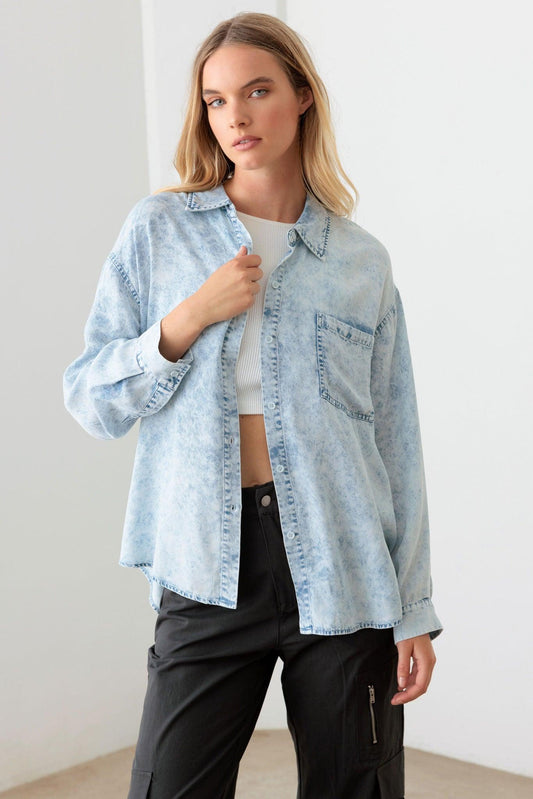 Oversized Blue Denim Single Pocket Shirt - Tasha Apparel Wholesale