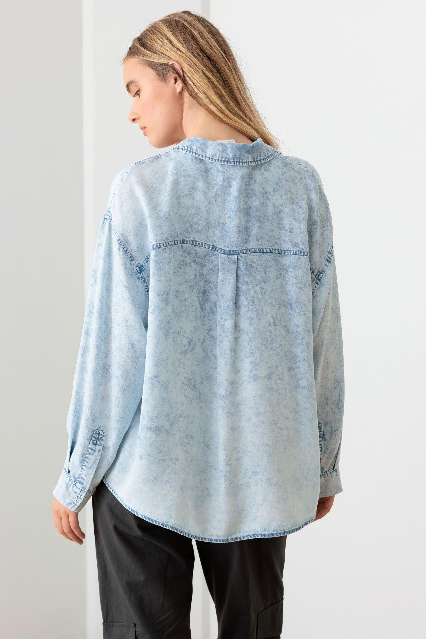 Oversized Blue Denim Single Pocket Shirt - Tasha Apparel Wholesale
