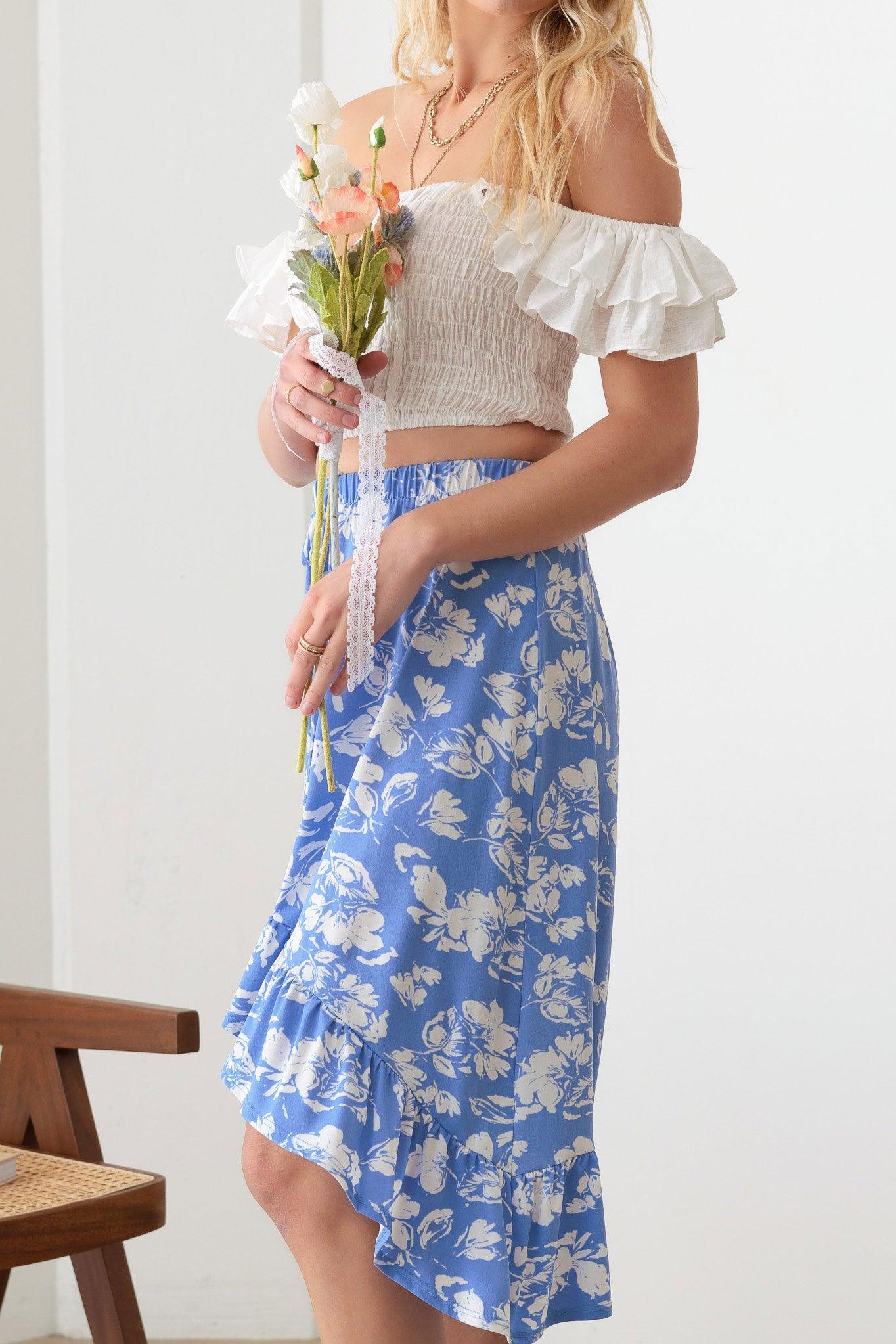 Boho Floral Front High Low Ruffle Hem Midi Skirt - Tasha Apparel Wholesale