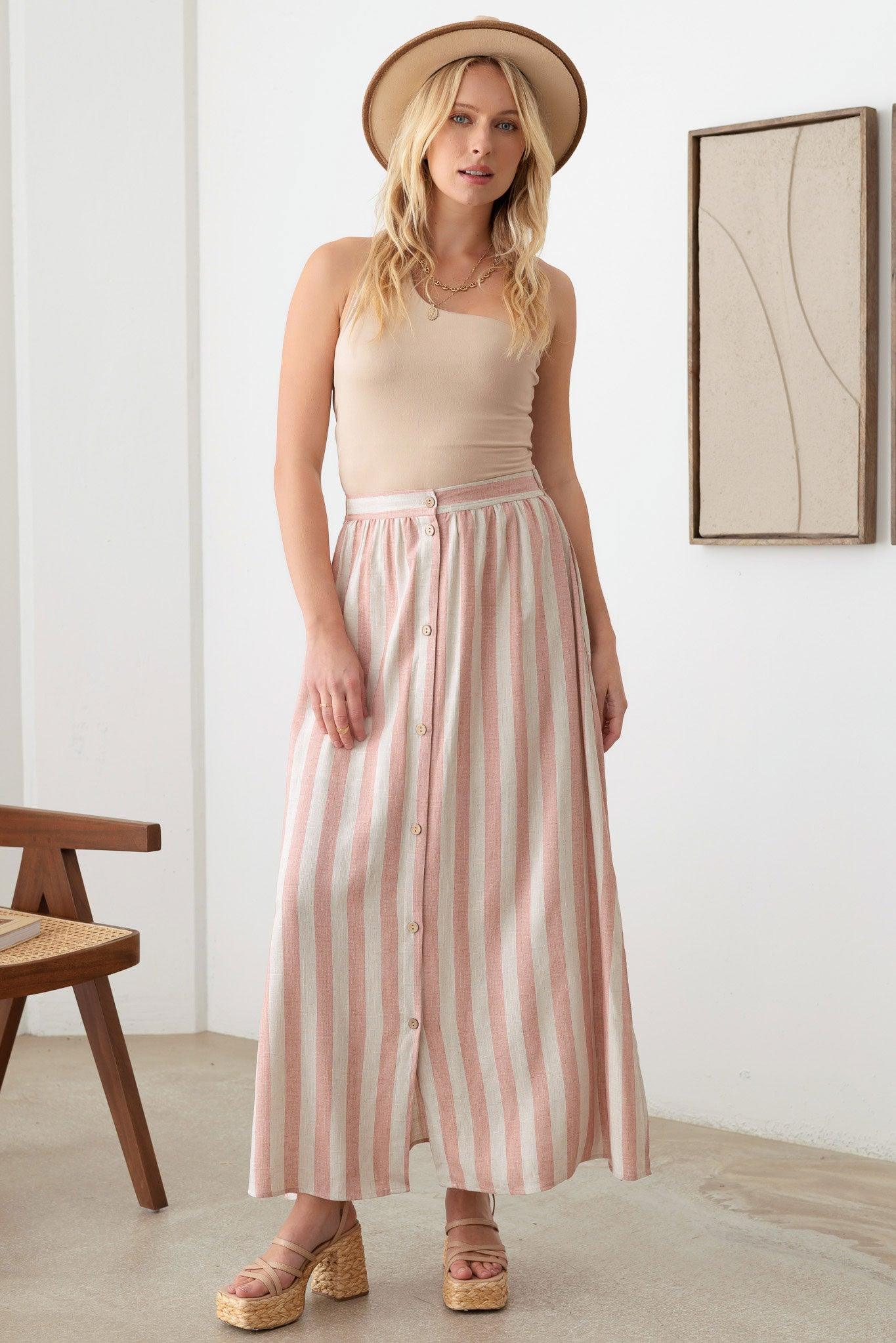 Boho Front Button Elastic Waist Side Slit Maxi Skirt - Tasha Apparel Wholesale