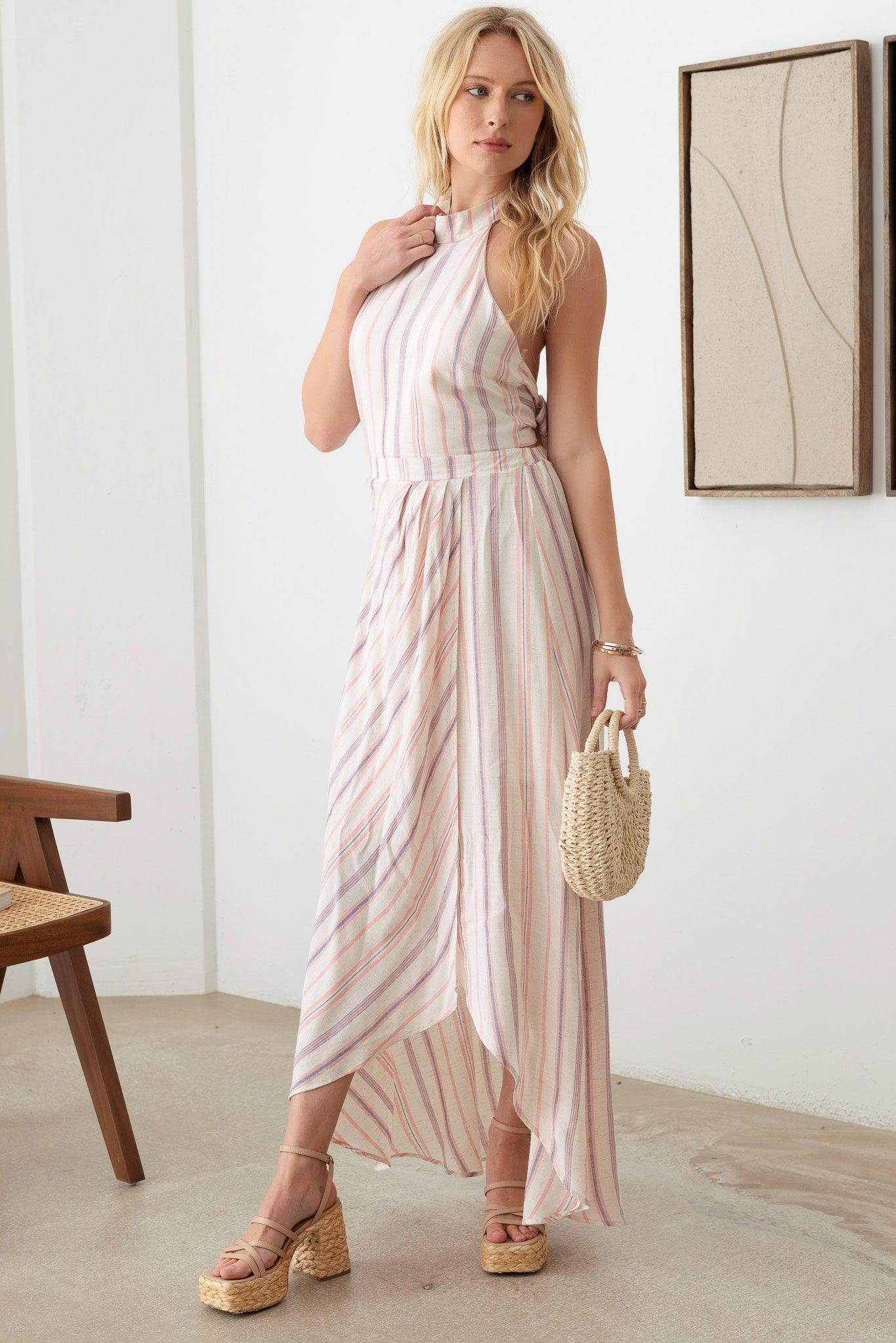 Striped Boho Asymmetric Back Tie Halter Dress - Tasha Apparel Wholesale