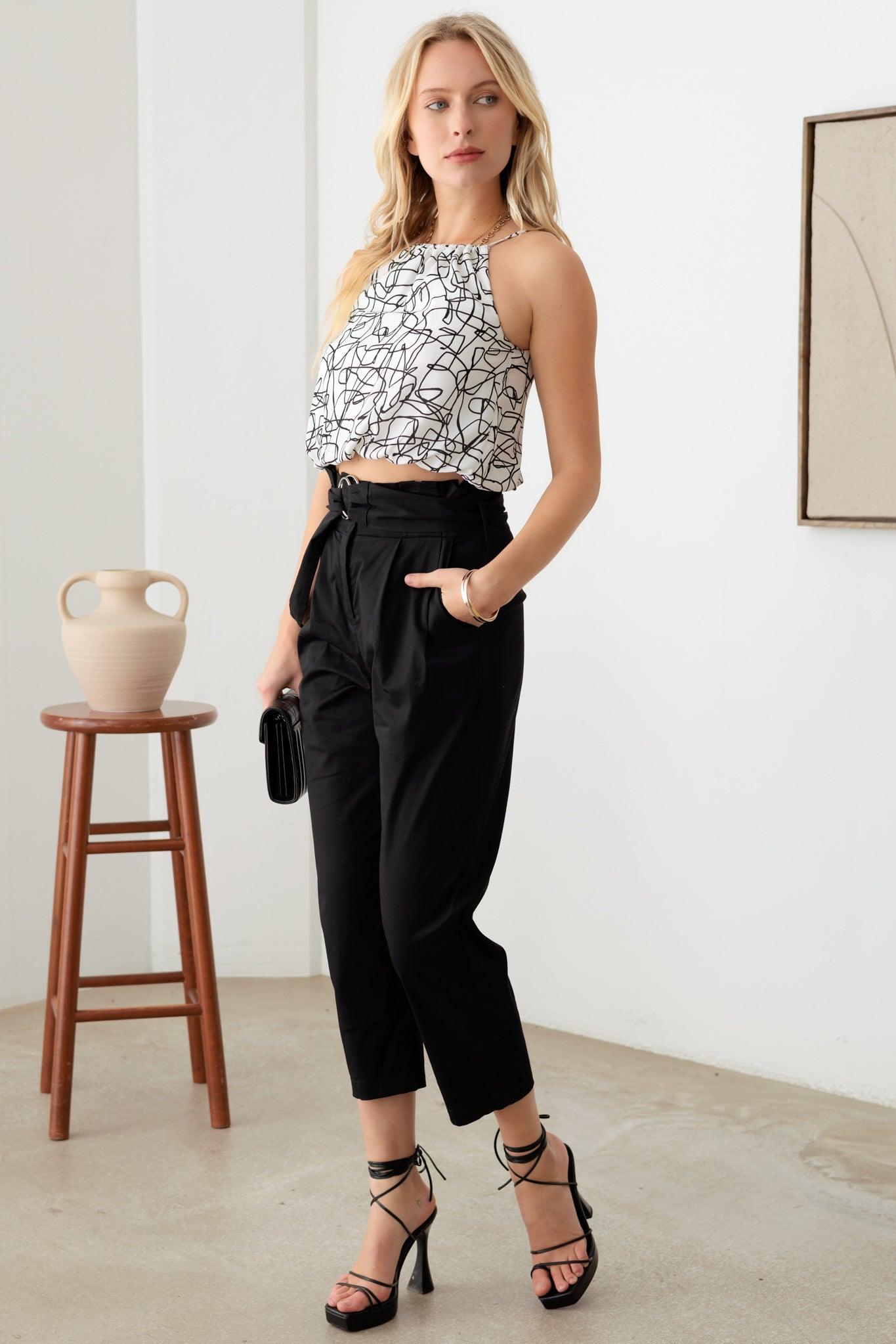 Abstract Sleeveless Ruching Halter Neck Crop Top - Tasha Apparel Wholesale