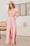 Short Puff Sleeve Crop Top Bra & Front Slit Flowy Pants Set