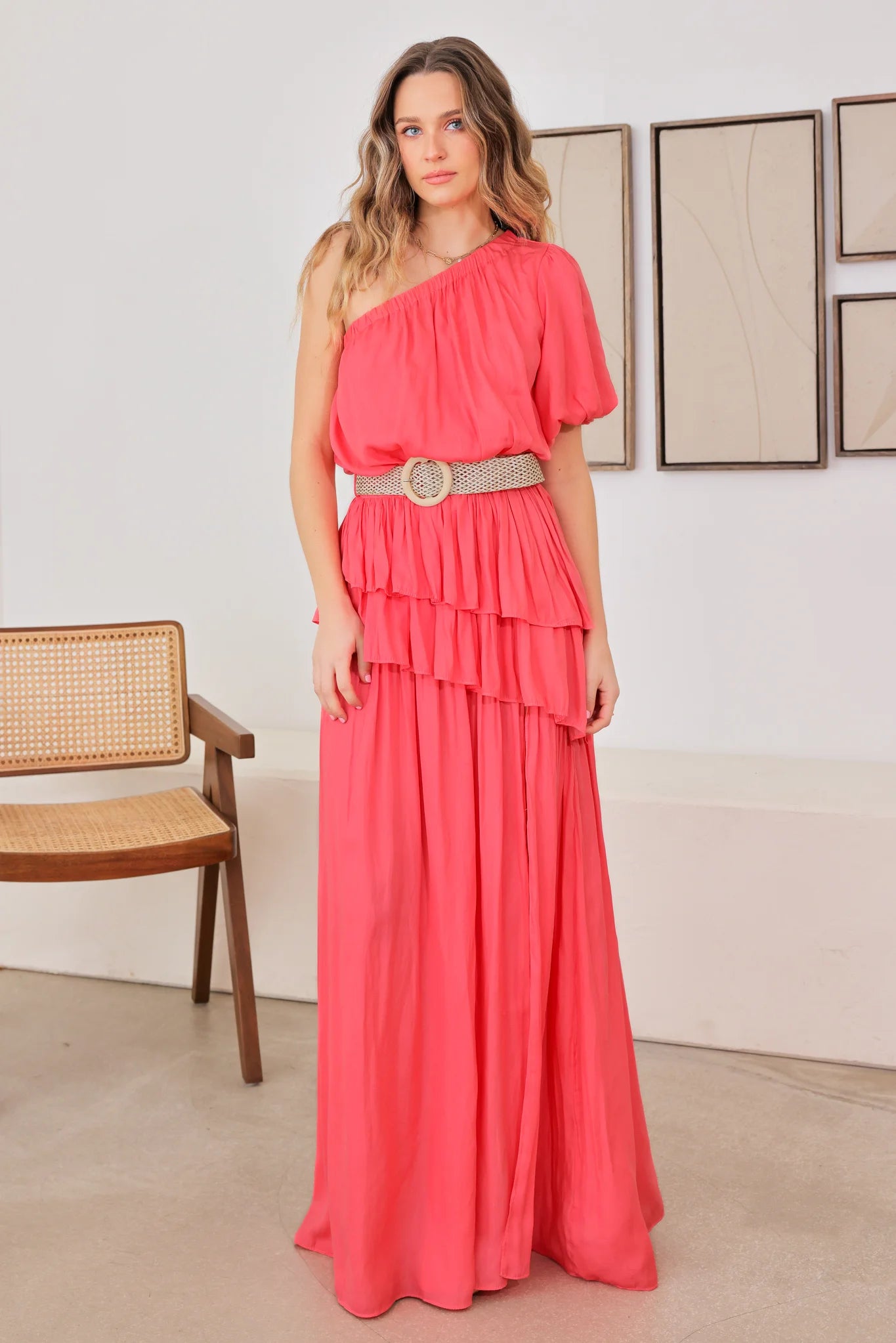 Wicker Belt One Shoulder Ruffle Maxi Dress