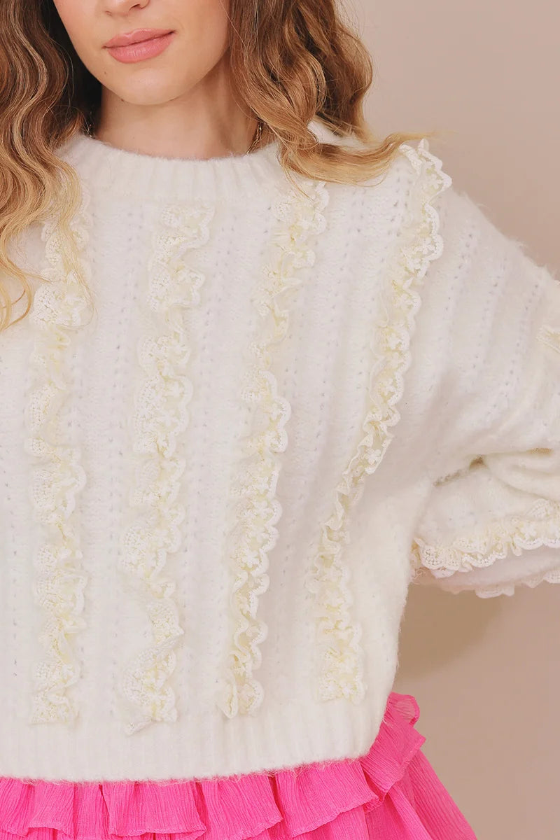 Romantic Lace Round Neck Ribbed Trim Sweater