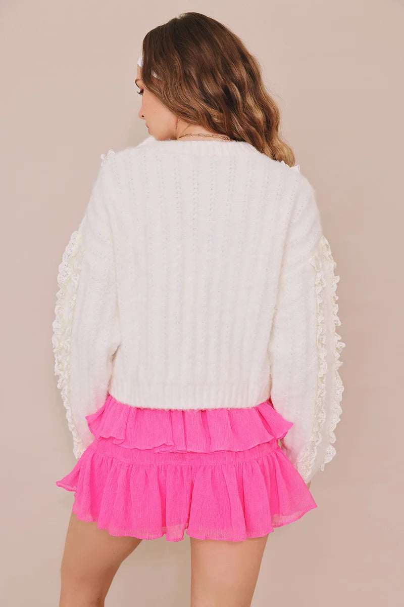 Romantic Lace Round Neck Ribbed Trim Sweater