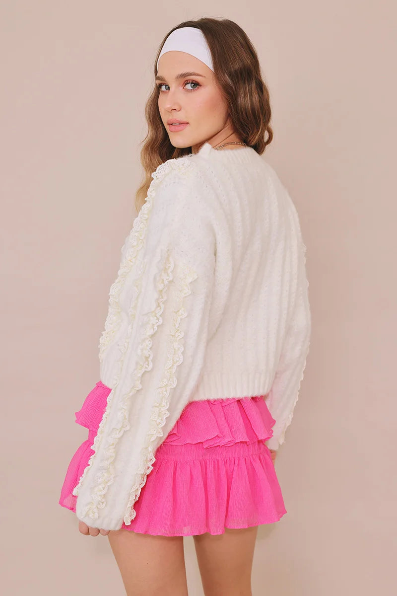 Romantic Lace Round Neck Ribbed Trim Sweater