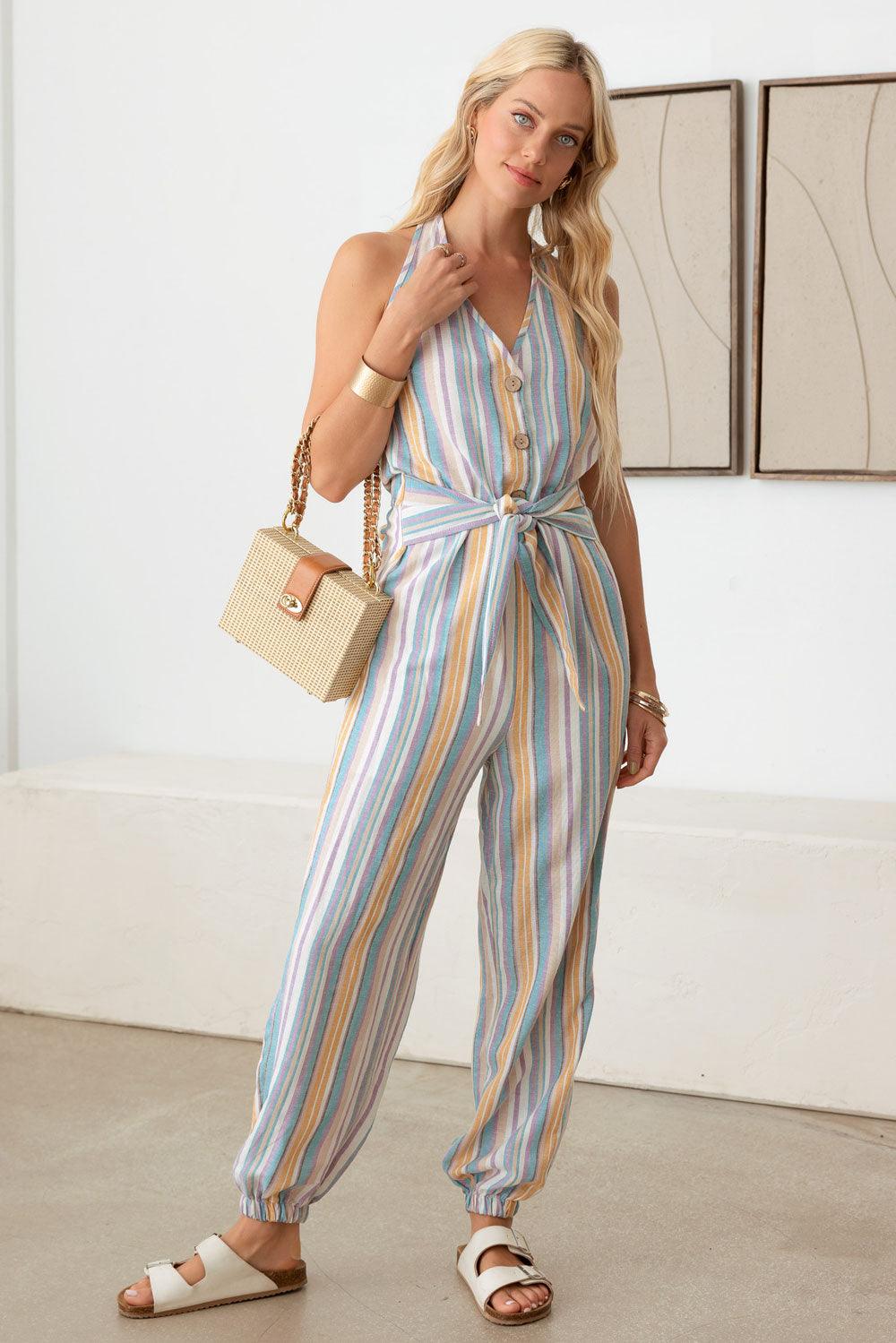 Colorful Stripe Front Tie Halter Vacation Jumpsuit - Tasha Apparel Wholesale