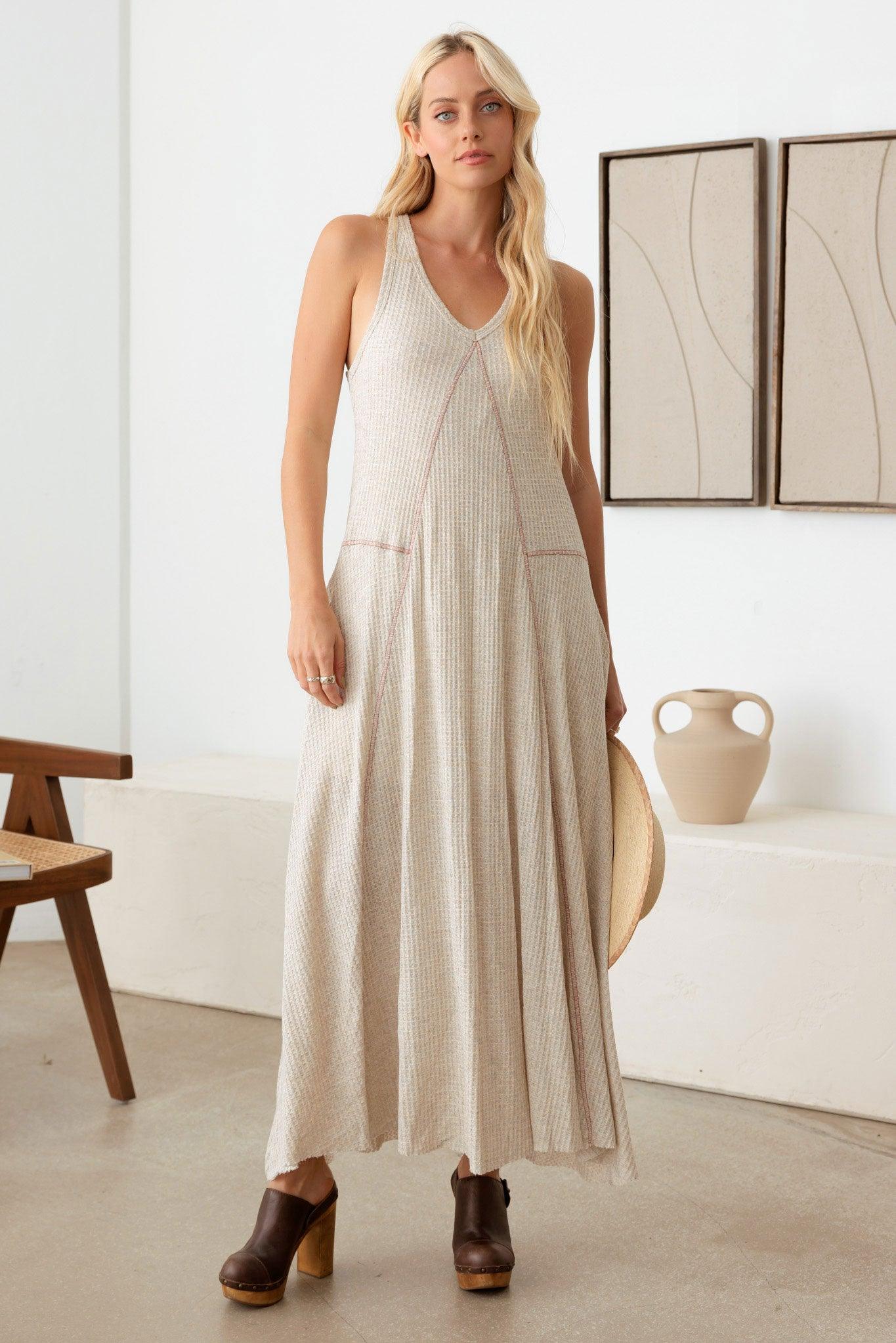 Western Waffle Hip Pocket Maxi Dress - Tasha Apparel Wholesale