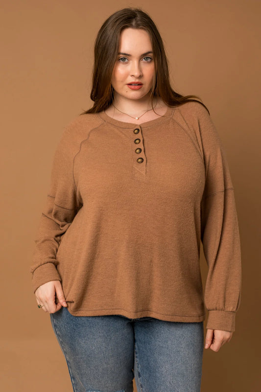 Plus Size Soft Front Button Long Sleeve Top