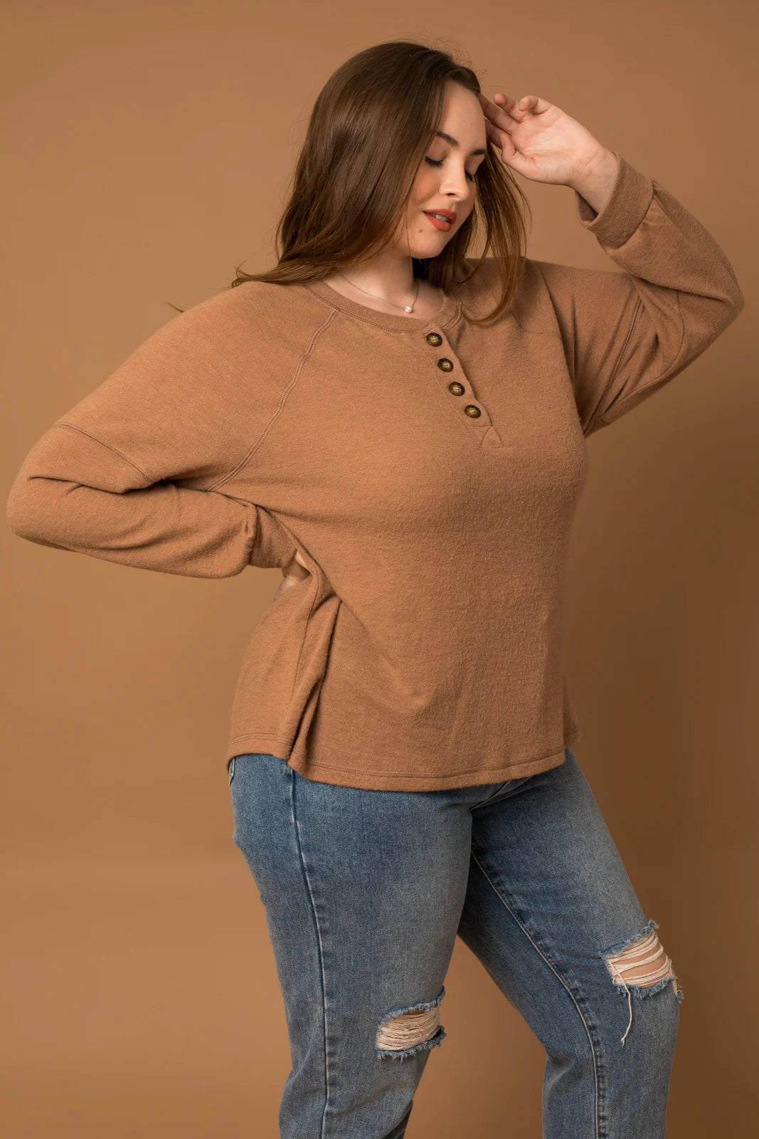 Plus Size Soft Front Button Long Sleeve Top