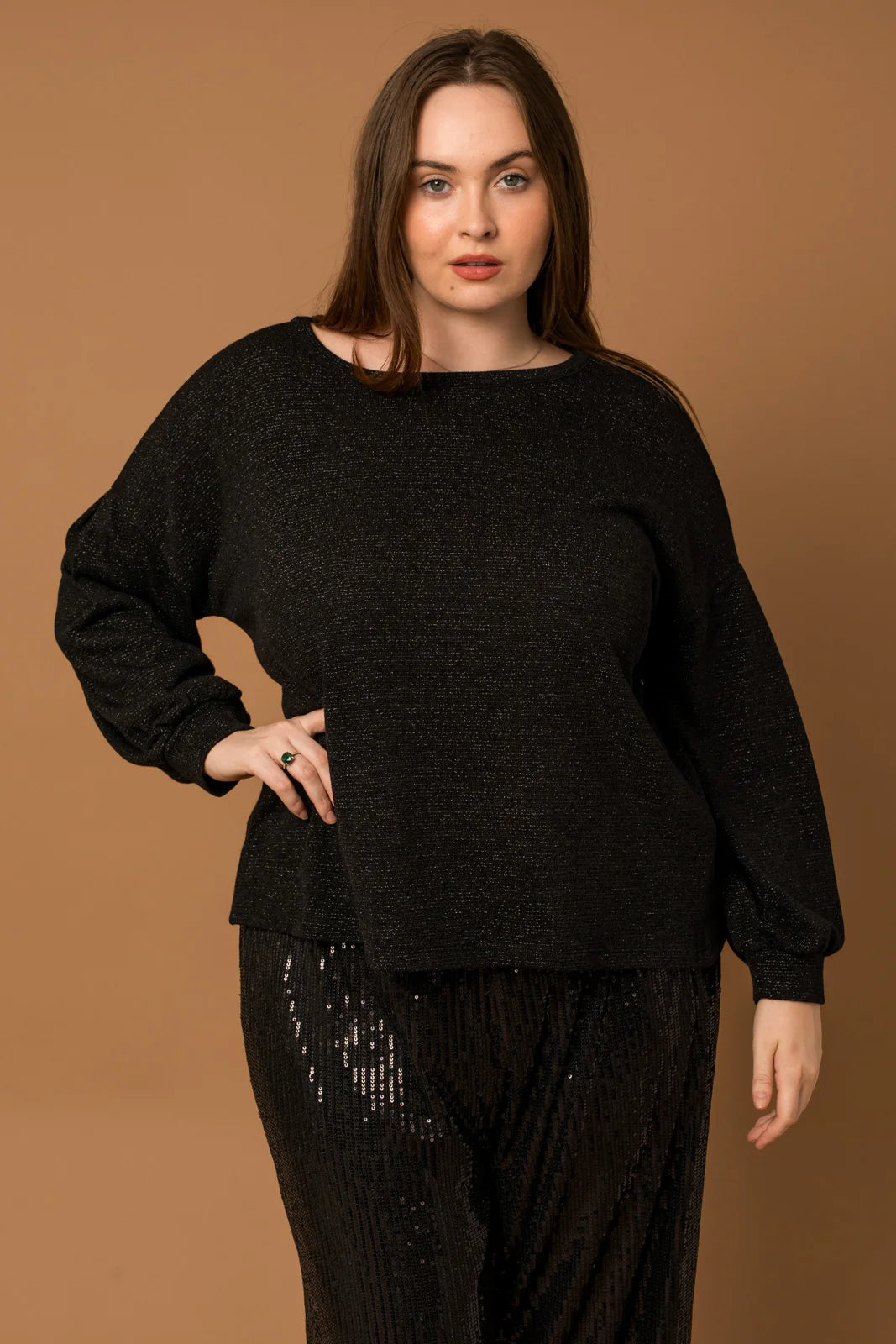 Plus Size Glitter Long Sleeve Open Back Knit Top