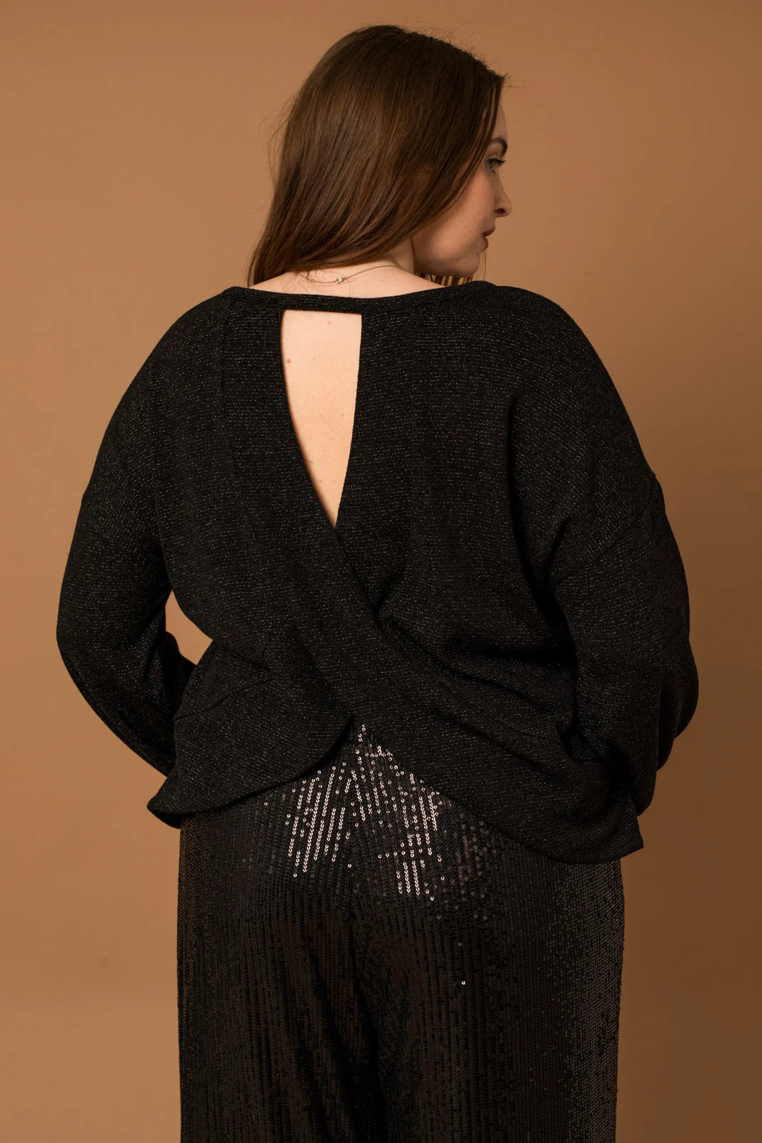 Plus Size Glitter Long Sleeve Open Back Knit Top