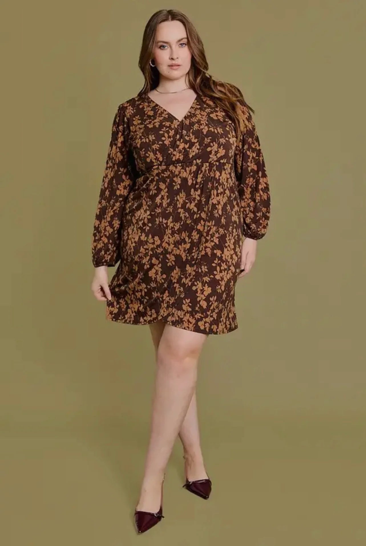 Plus Size Wrap Floral Shirring Mini Dress