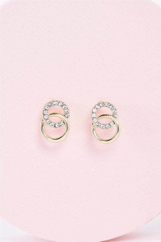 Gold Small Linked Hoops Faux Diamonds Incrusted Stud Earrings /3 Pairs